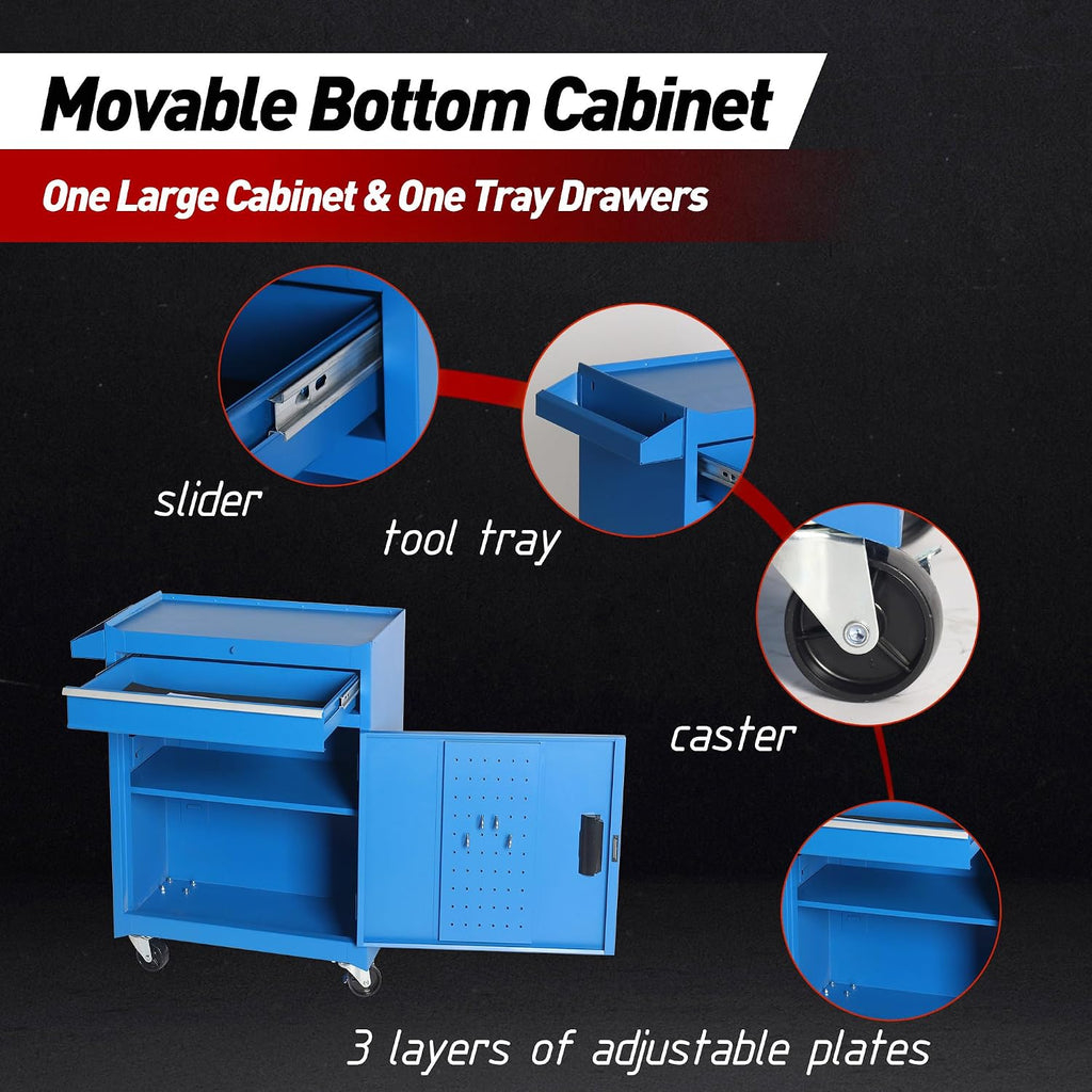 5 Drawers Tool Cart on Wheels with 1 Cabinet, Multifunctional Removable Rolling Tool Chest Storage Set, Tool Trolley Organizer Tool Box for Garage,Warehouse,Workshop,Repair Shop (Blue)
