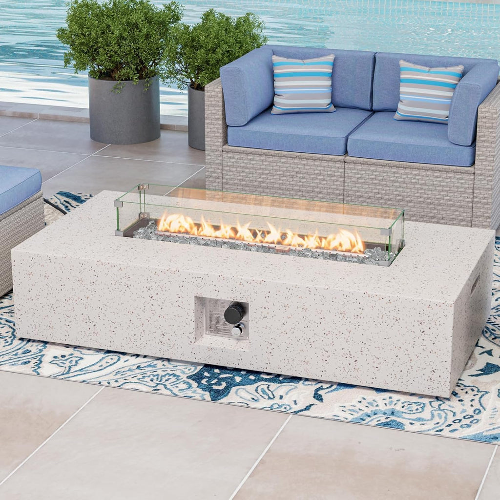 COSIEST Outdoor Propane Fire Pit Table, 56' x 28' Rectangle Terrazzo White Concrete-Like Finish, Certified, 50,000 BTU Stainless Steel Burner w Transparent Gray Fire Glass, Wind Guard, Raincover