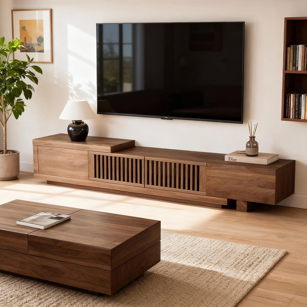 78.5'-105' Mid-Century Modern Extendable TV Stand, Walnut Media Console with 2 Drawers and 2 Cabinets, Fits TVs up to 100 Inches for Living Room or Bedroom