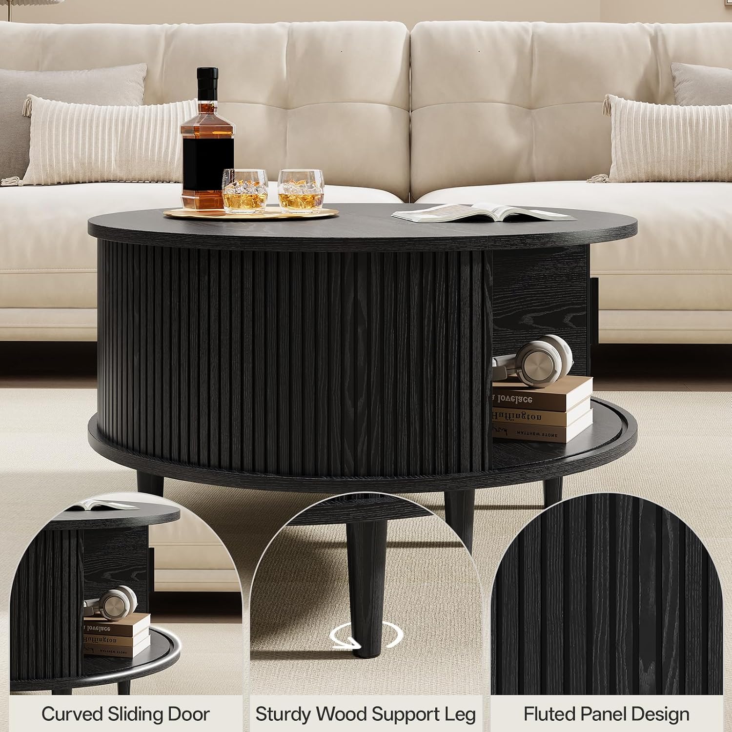 Round Coffee Table with Storage, Mid Century Modern Coffee Table, Fluted Dining Table with Sliding Door, Circle Coffee Table for Living Room Home Office, 31.5', Black
