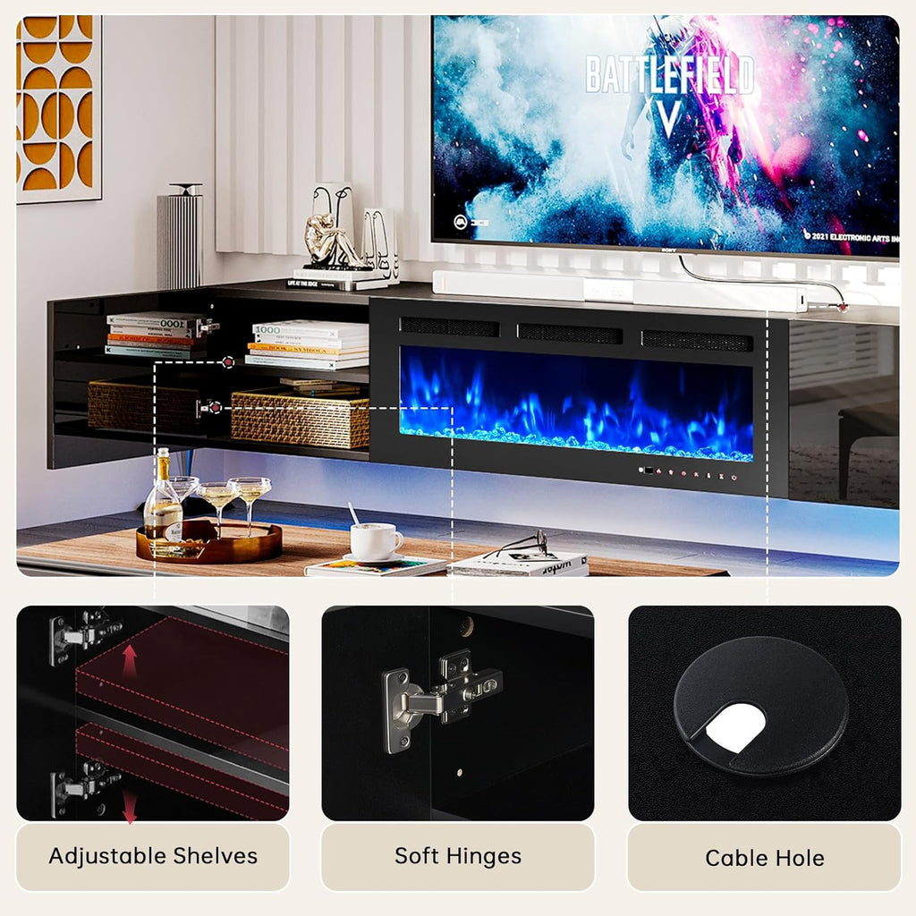 oneinmil 80' Floating TV Stand with 40' Electric Fireplace, Modern Entertainment Center with Storage, Adjustable 12-Color LED Lights, Fire Place TV Console for Living Room, All Black