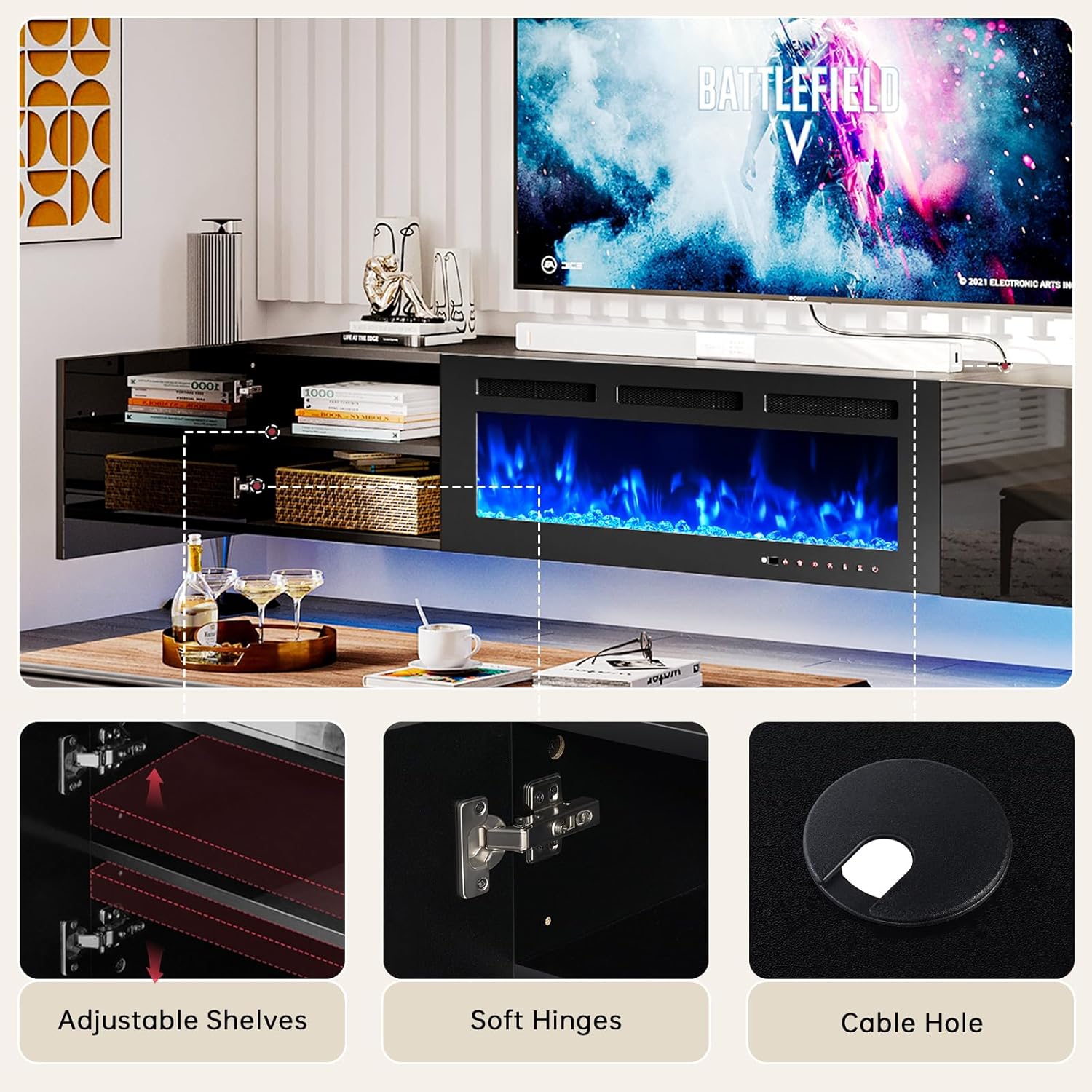oneinmil 80' Floating TV Stand with 40' Electric Fireplace, Modern Entertainment Center with Storage, Adjustable 12-Color LED Lights, Fire Place TV Console for Living Room, All Black