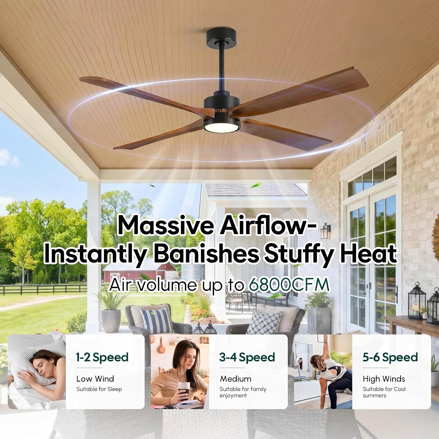 42 Inch Smart Outdoor Ceiling Fan with Light, Alexa/App/Remote Control, Damp Rated for Patio Porch, Brown Solid Wood Blades, Quiet Reversible DC Motor, Rustic Farmhouse Style for Indoor Bedroom