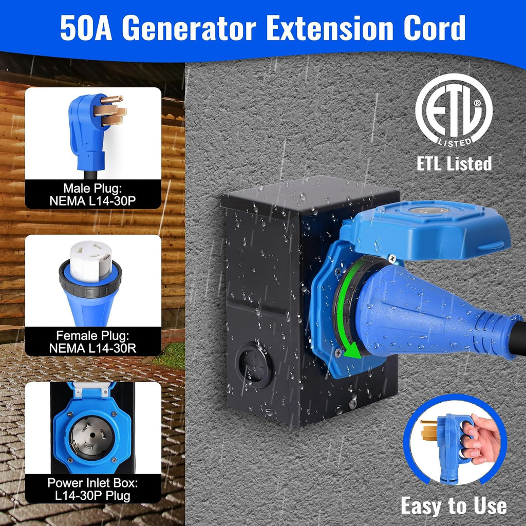 Seeutek 50 Amp Generator Cord, 4 Prong 25 FT Generator Extension Cord with Pre-drilled Power Inlet Box & Interlock Kit, NEMA 14-50P/SS2-50P Functional Cable, High Conductivity, ETL Listed