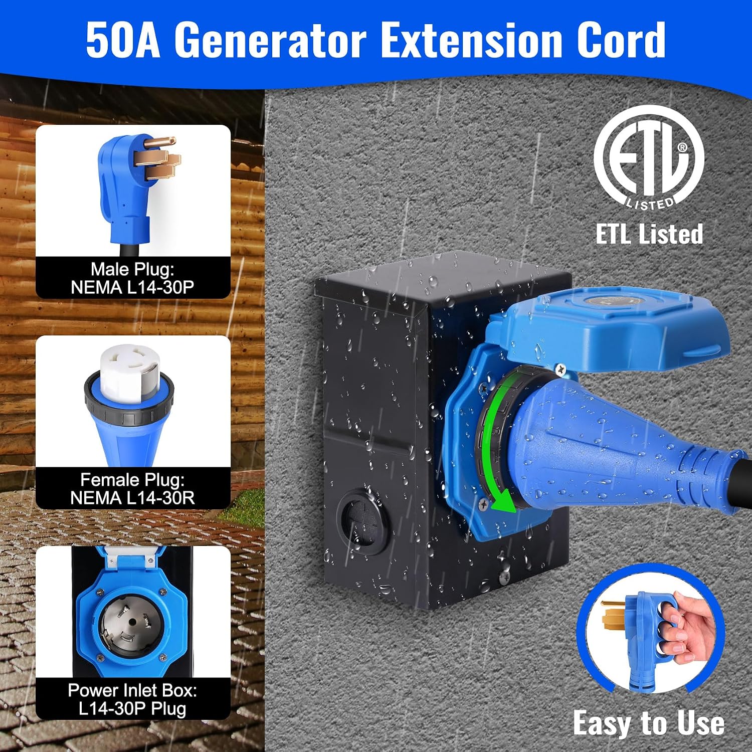 Seeutek 50 Amp Generator Cord, 4 Prong 25 FT Generator Extension Cord with Pre-drilled Power Inlet Box & Interlock Kit, NEMA 14-50P/SS2-50P Functional Cable, High Conductivity, ETL Listed