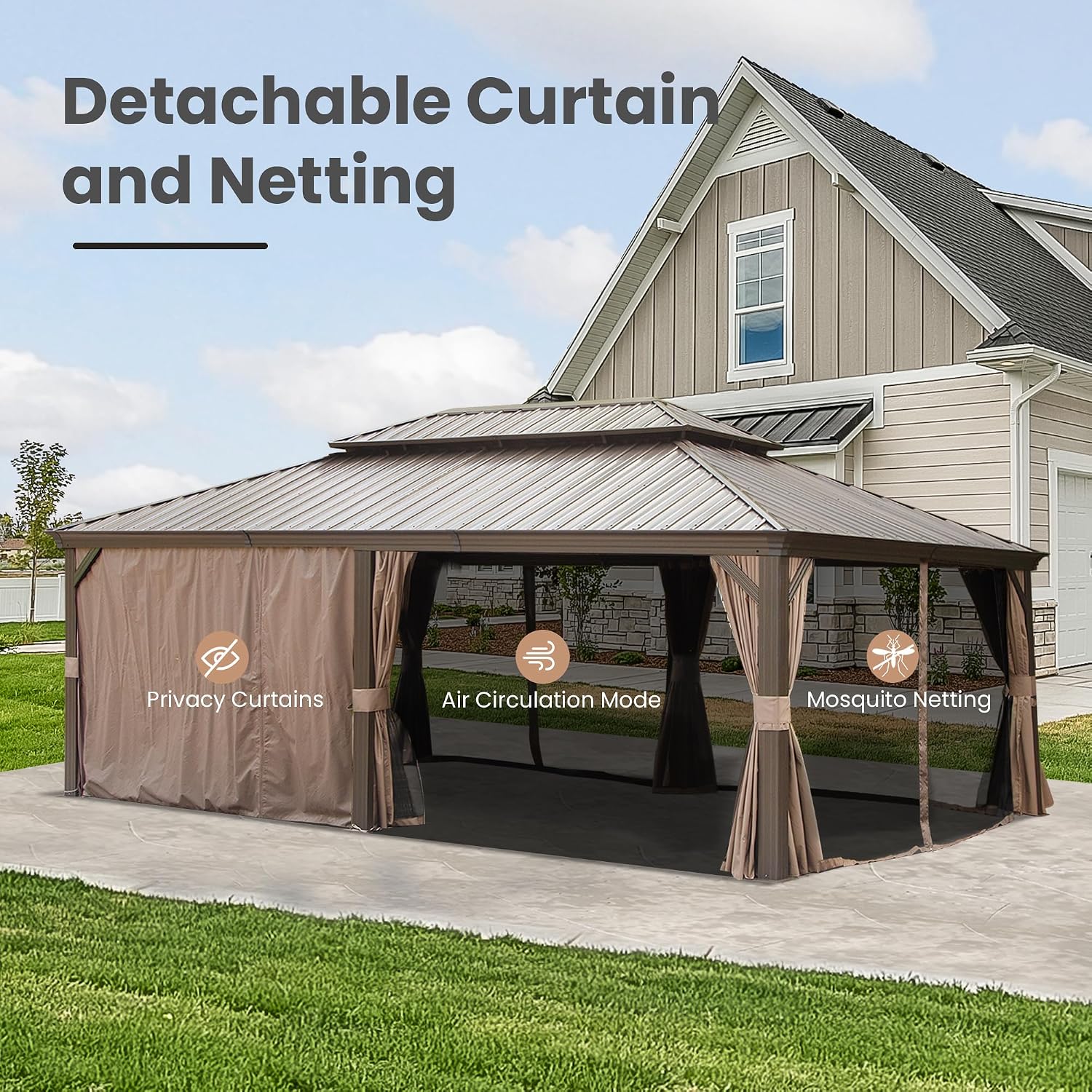 Domi 14' X 22' Hardtop Gazebo, Upgraded Metal Gazebo with Drainage System, Dual-Layer Galvanized Steel Roof, Curtain and Netting, Outdoor Shelter Canopy for Patio, Garden, and Backyard, Brown