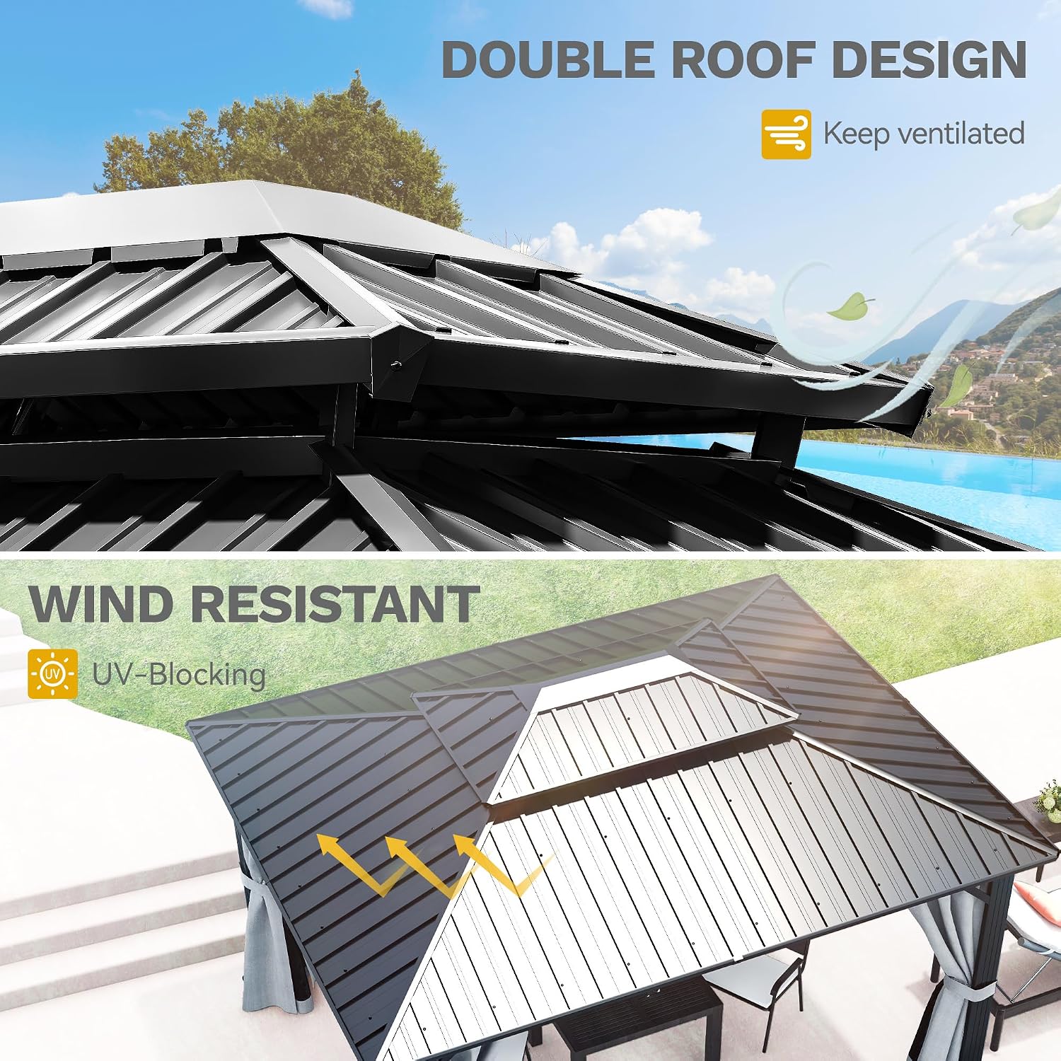 DWVO 10x12ft Gazebo Double Roof Hardtop with Nettings and Curtains, Heavy Duty Galvanized Steel Outdoor Vertical Stripes Roof for Patio, Backyard, Deck, Lawns, Grey