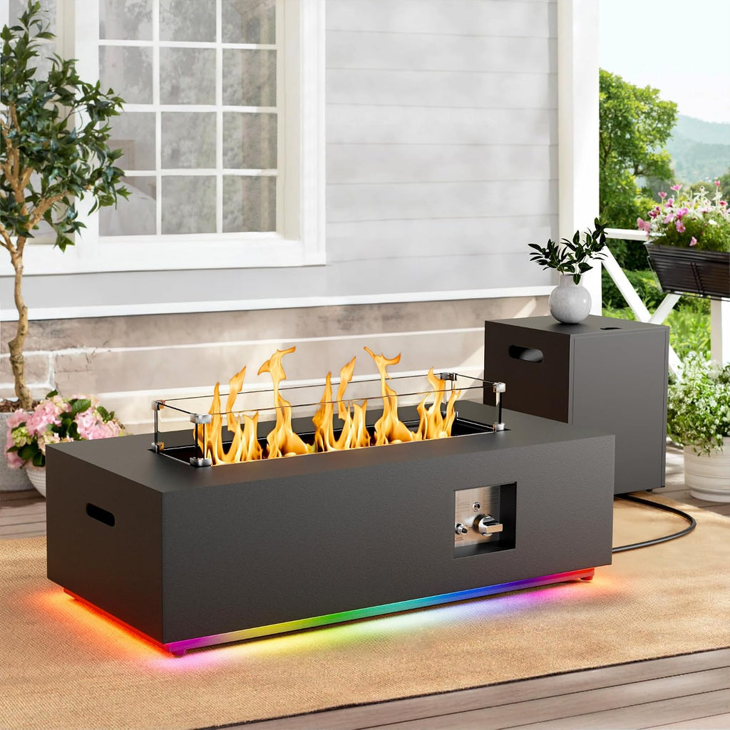 Dineli 2-Piece Outdoor Propane Fire Pit Table Set w Tank Table 42'' Rectangular Gas Fire Pits for Outside Patio 2-in-1 Table Fire Pit Tabletop w LED, 50,000 BTU (Black with RGB Light)