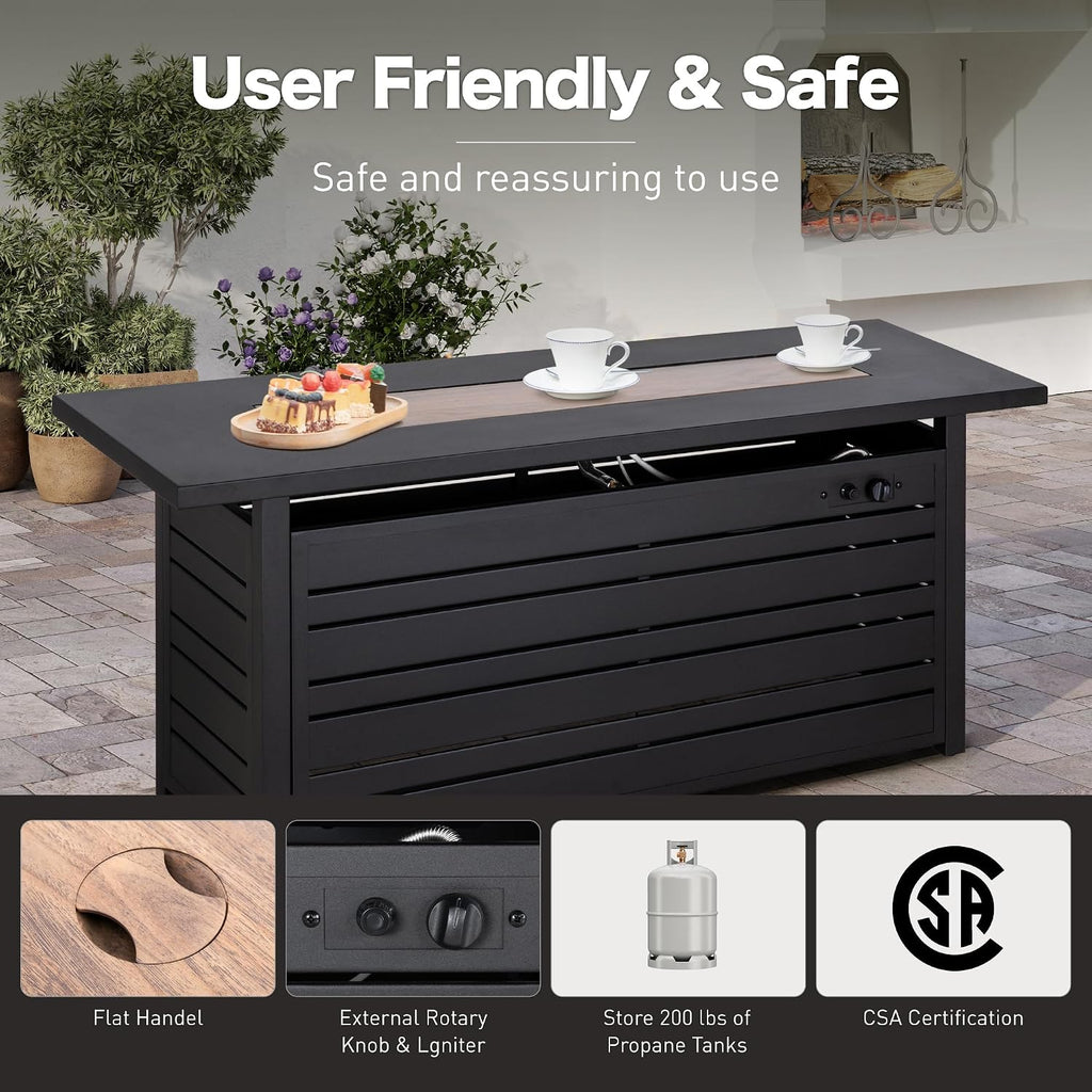 SUNSHINE VALLEY Propane Gas Fire Pit Table 57' 0utdoor Firepit Table Rectangular Wood-Like Tabletop with Glass Rock, Black Outdoor Fire Pit for Patio Outdoor Outside Garden Backyard Deck