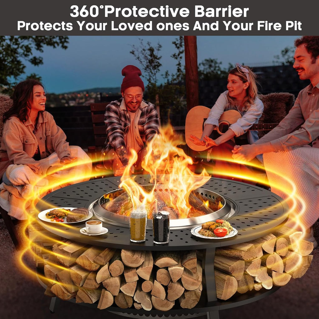 Uniflasy 48' Fire Pit Surround Tabletop for Solo Stove Yukon, Bonfire & Tiki, Portable Protective Barrier Equal Width Design with Firewood Storage Shelf for Safety & Extra Space, Outdoor FirePit Table