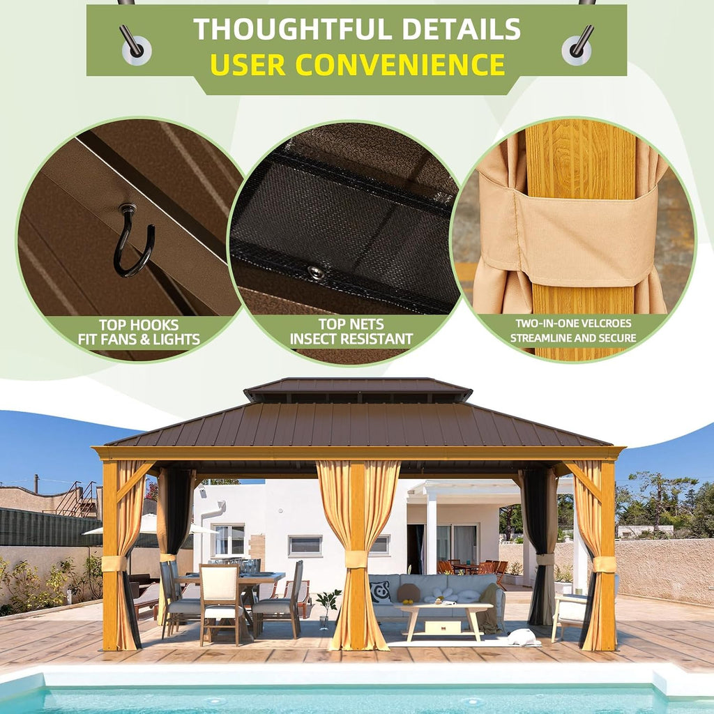 YOLENY 12'x18' Hardtop Gazebo, Wood Grain Aluminum Frame with Galvanized Steel Double Roof and Water Gutter, Outdoor Permanent Metal Pavilion with Curtains and Nettings for Patios, Gardens and Lawns