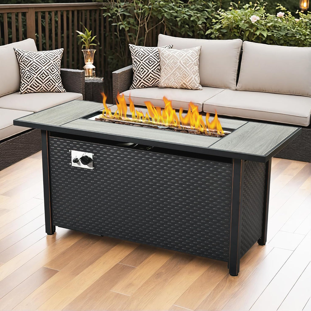 OVIOS 54' Outdoor Propane Fire Pit Table, 50,000 BTU Rectangular Steel Firepits with Ceramic Tabletop, Waterproof Cover, Lid, Lava Rock for Patio Deck Garden, Black
