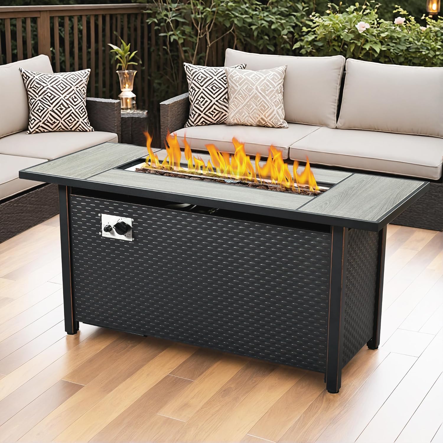 OVIOS 54' Outdoor Propane Fire Pit Table, 50,000 BTU Rectangular Steel Firepits with Ceramic Tabletop, Waterproof Cover, Lid, Lava Rock for Patio Deck Garden, Black