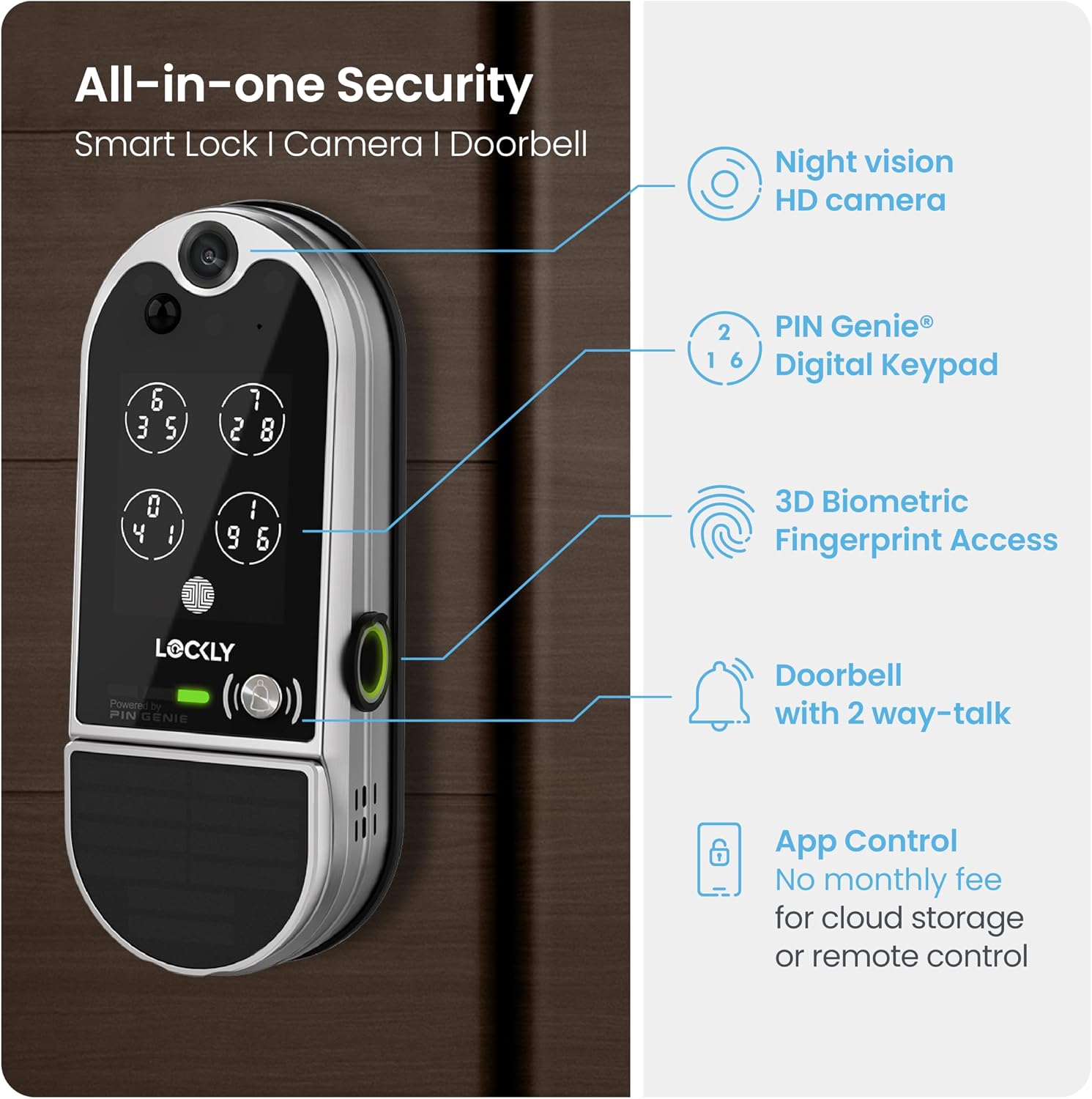 Lockly Vision Elite Video Smart Lock with Camera, Smart Wi-Fi Deadbolt for Front Door, PIN Genie® Keypad, Fingerprint Door Lock, Motion Sensor, App Remote Control, 2 Way Audio Doorbell, No Monthly Fee