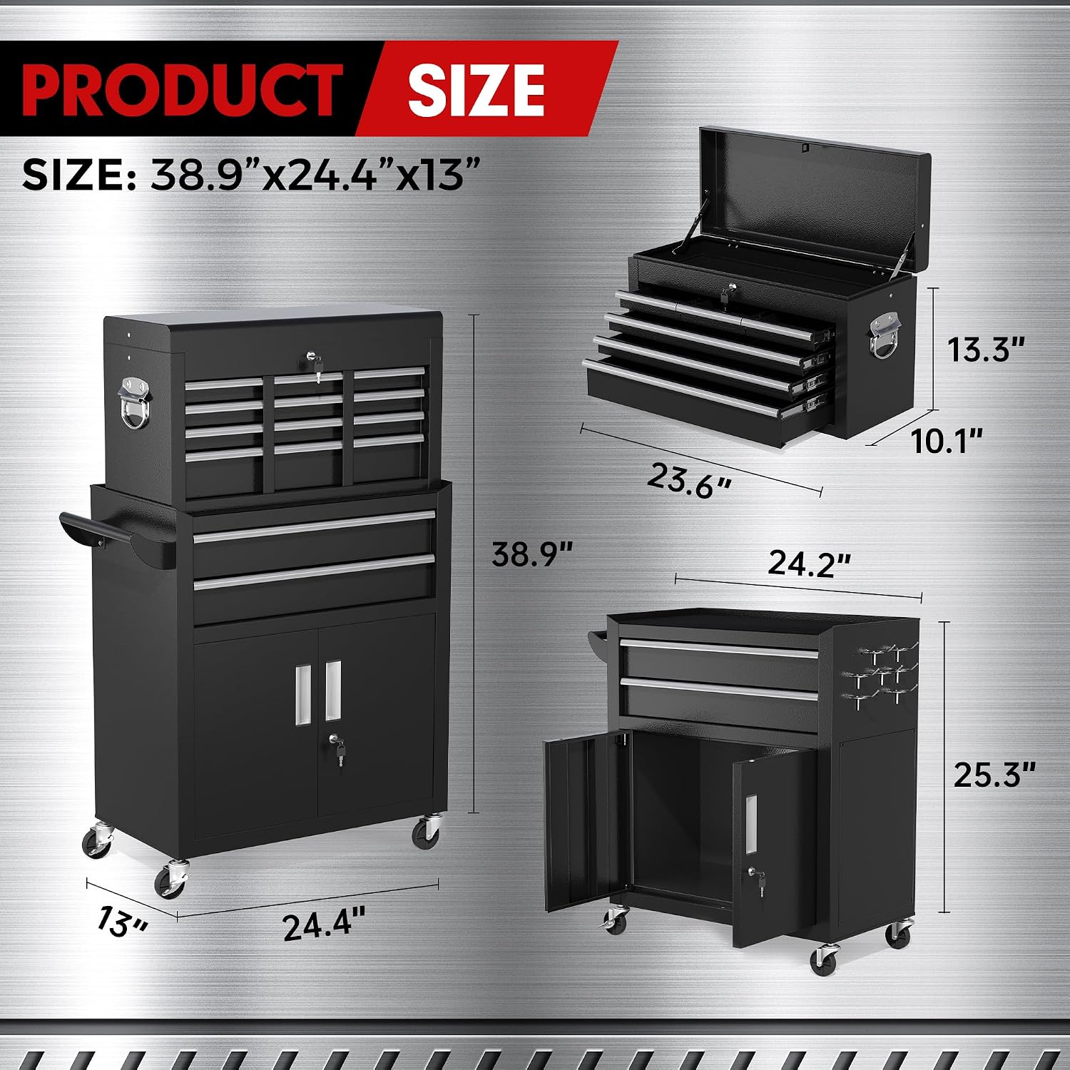 INTERGREAT 8-Drawers Rolling Tool Chest, Assembled Tool Chest with Wheels, Detachable Top Tool Box, Tool Cabinet for Repair Room,Warehouse, Rolling Tool Box with Hooks,Tray Divider,Liners(Black)