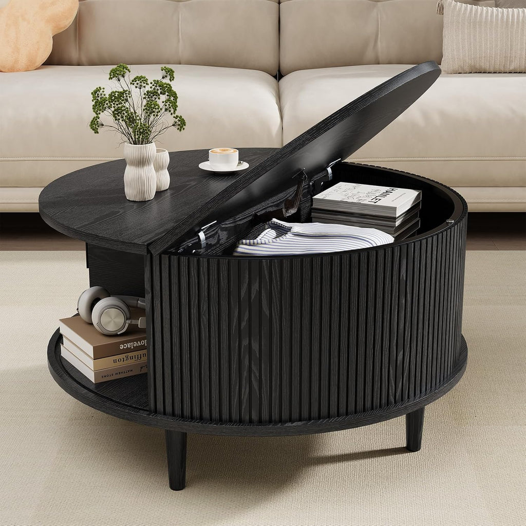 Round Coffee Table with Storage, Mid Century Modern Coffee Table, Fluted Dining Table with Sliding Door, Circle Coffee Table for Living Room Home Office, 31.5', Black