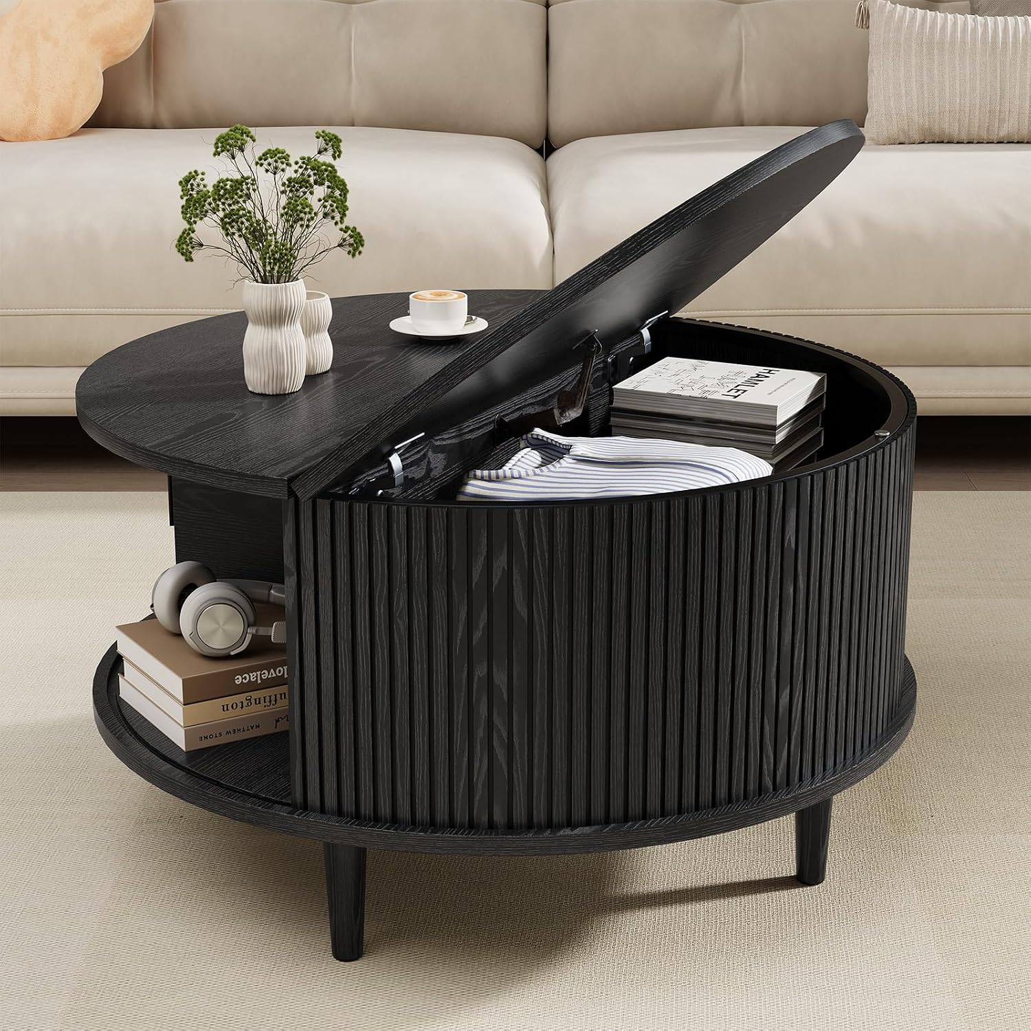 Round Coffee Table with Storage, Mid Century Modern Coffee Table, Fluted Dining Table with Sliding Door, Circle Coffee Table for Living Room Home Office, 31.5', Black
