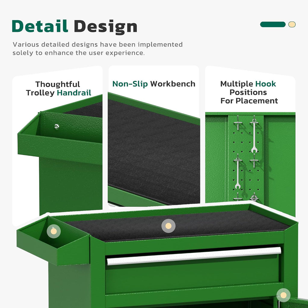 Greenvelly Tool Chest, 5-Drawer Rolling Tool Chest with Hooks and Lockable Wheels, Detachable Top Tool Box, Toolbox with Wheels, Rolling Tool Box for Mechanics Garage Workshop and Tool Room (Green)