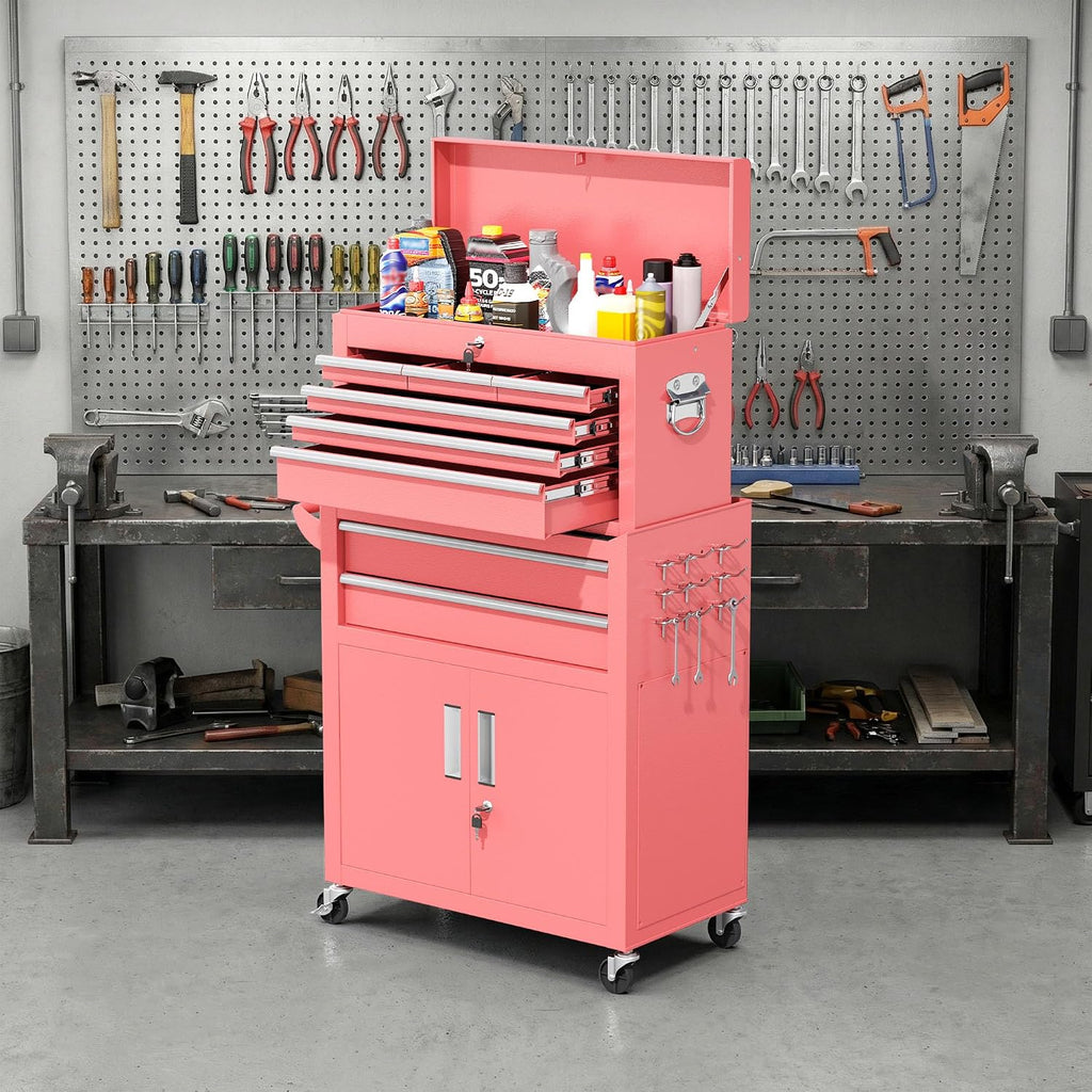 Greenvelly Tool Chest, 8-Drawer Rolling Tool Chest with Hooks and Lockable Wheels,Metal Storage Detachable Top Tool Box with Lockable Wheels for Garage,Workshop,Art Studio(Pink)
