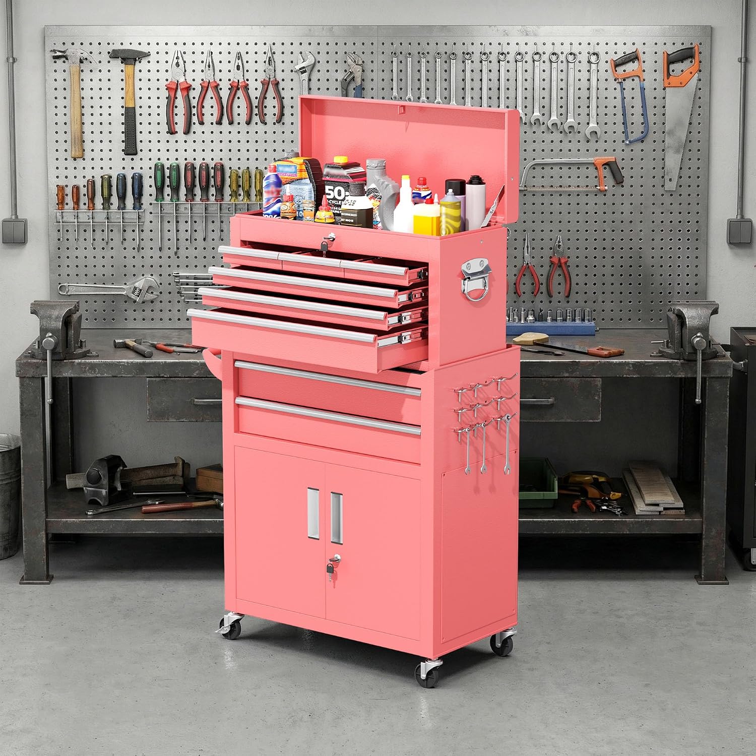 Greenvelly Tool Chest, 8-Drawer Rolling Tool Chest with Hooks and Lockable Wheels,Metal Storage Detachable Top Tool Box with Lockable Wheels for Garage,Workshop,Art Studio(Pink)