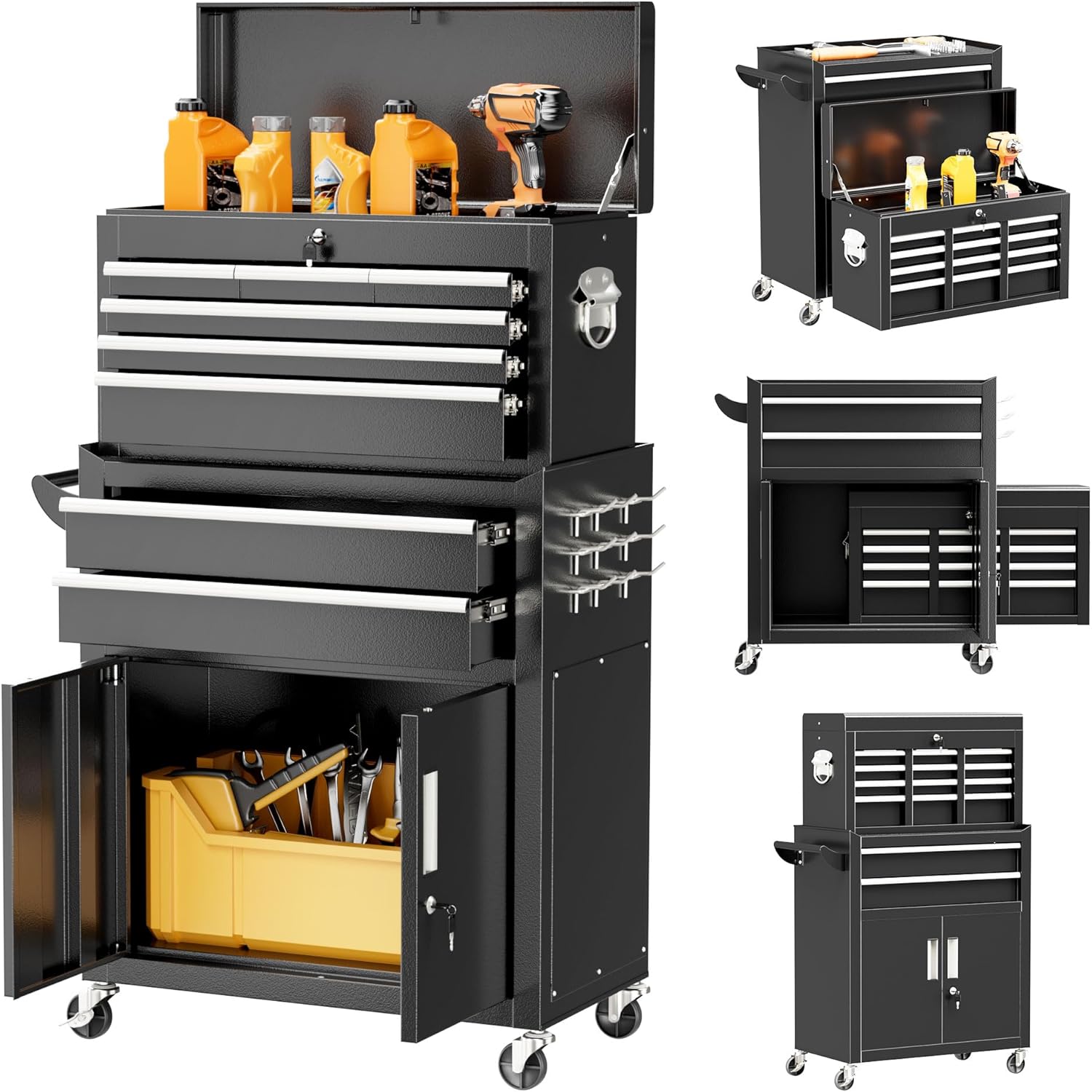Superday Metal Tool Chest, 8 Drawer Rolling Tool Chest with Wheels, Detachable Tool Storage Cabinet with Lock for Garage, Assembled Steel Tool Cart with Liner & Hooks for Workshop, Warehouse (Black)
