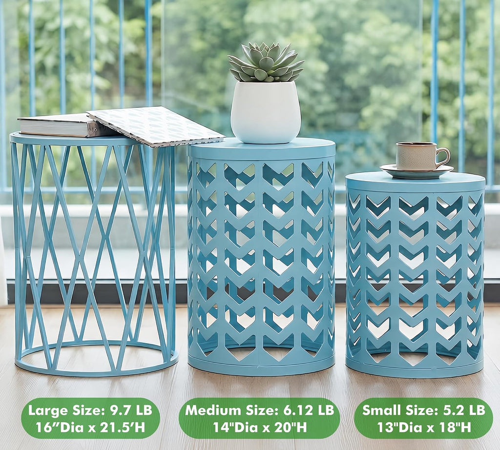 Y&M Set of 3 Round Heavy-Duty Side Table End Table, Coffee Table for Indoor Multifunctional Use, Outdoor Decorative Garden Stool Plant Stand-Light Blue