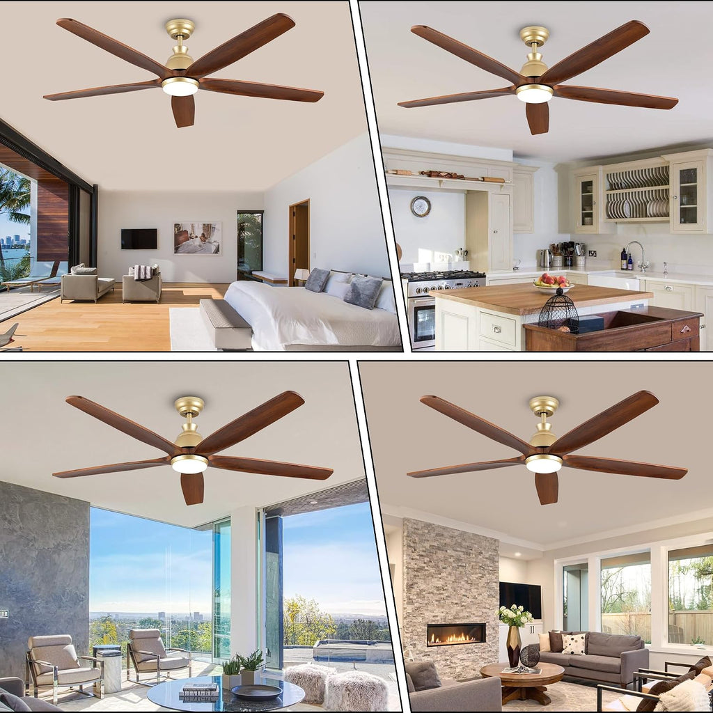 52 Inch Gold Ceiling Fan with Light and Remote Control, Modern Farmhouse 5 Blade Wood Ceiling Fan, Noiseless DC Motor, Indoor Outdoor Fan with Light for Patios Bedroom Porch