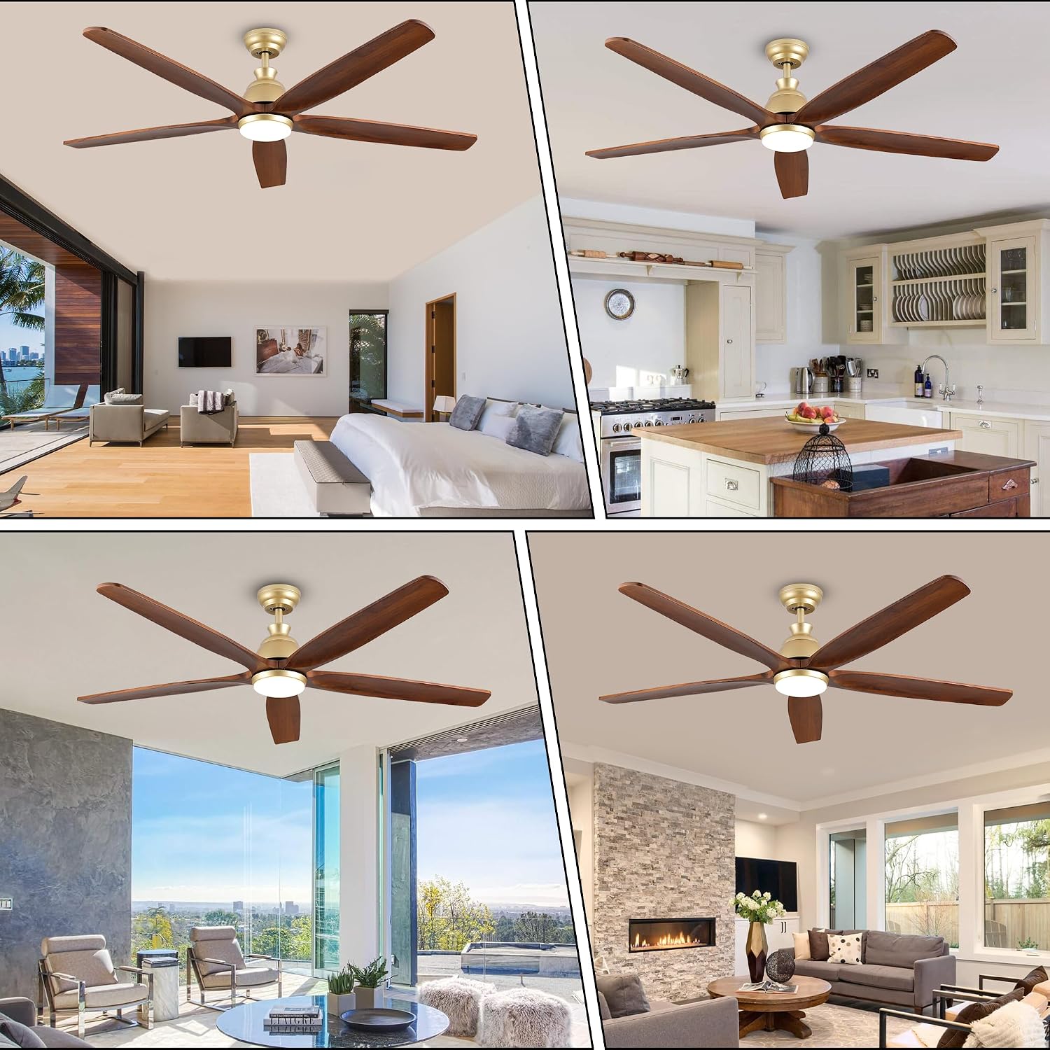 52 Inch Gold Ceiling Fan with Light and Remote Control, Modern Farmhouse 5 Blade Wood Ceiling Fan, Noiseless DC Motor, Indoor Outdoor Fan with Light for Patios Bedroom Porch