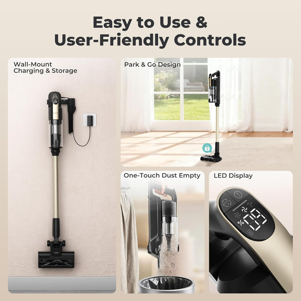 CANDY Cordless Vacuum Cleaner,65Mins Stick Vacuum Cleaners for Home,400W/190AW Powerful Suction,Anti-Tangle,LED Display,Self-Standing,One-Click Clean,Handheld,Hardwood Floor/Carpet/Pet Hair,CVS30