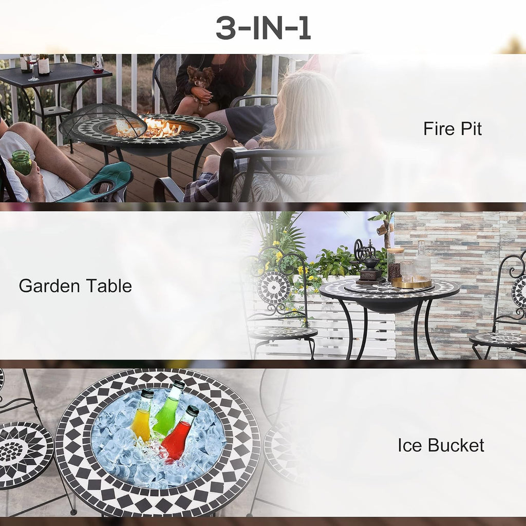Outsunny 30' Outdoor Fire Pit Dining Table, 3-in-1 Round Wood Burning Fire Pit Bowl, Patio Ice Bucket with Storage Shelf, Spark Screen Cover for BBQ, Bonfire, Camping, Mosaic