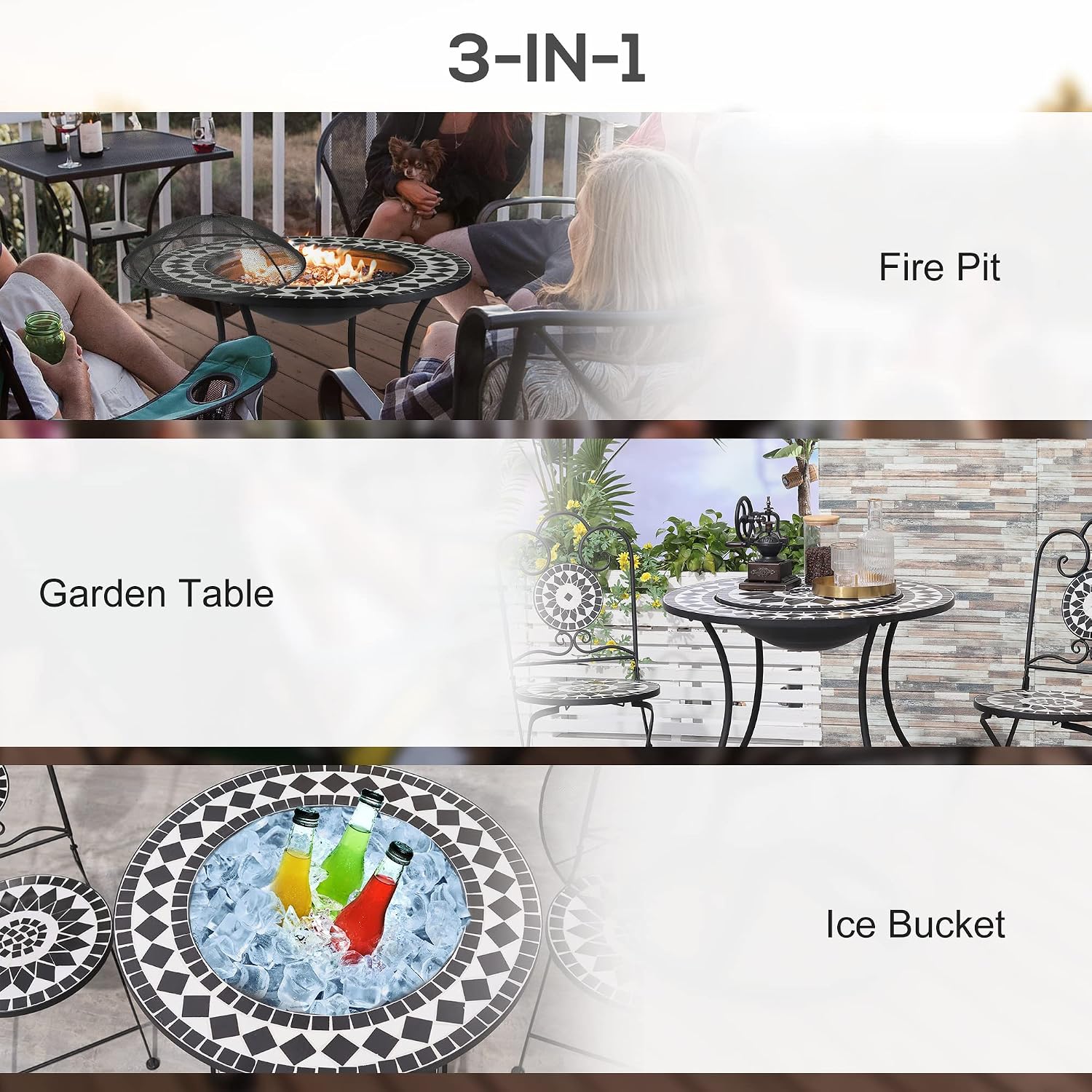 Outsunny 30' Outdoor Fire Pit Dining Table, 3-in-1 Round Wood Burning Fire Pit Bowl, Patio Ice Bucket with Storage Shelf, Spark Screen Cover for BBQ, Bonfire, Camping, Mosaic