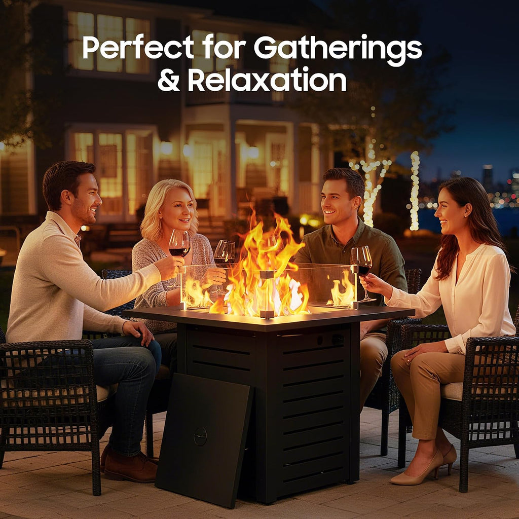 28 Inch Outdoor Propane Fire Pit,50,000 BTU Gas Fire Pit Table with Steel Lid,304 Stainless Steel H-Burner,Wind Guard,Fire Pits for Patio Deck,Black