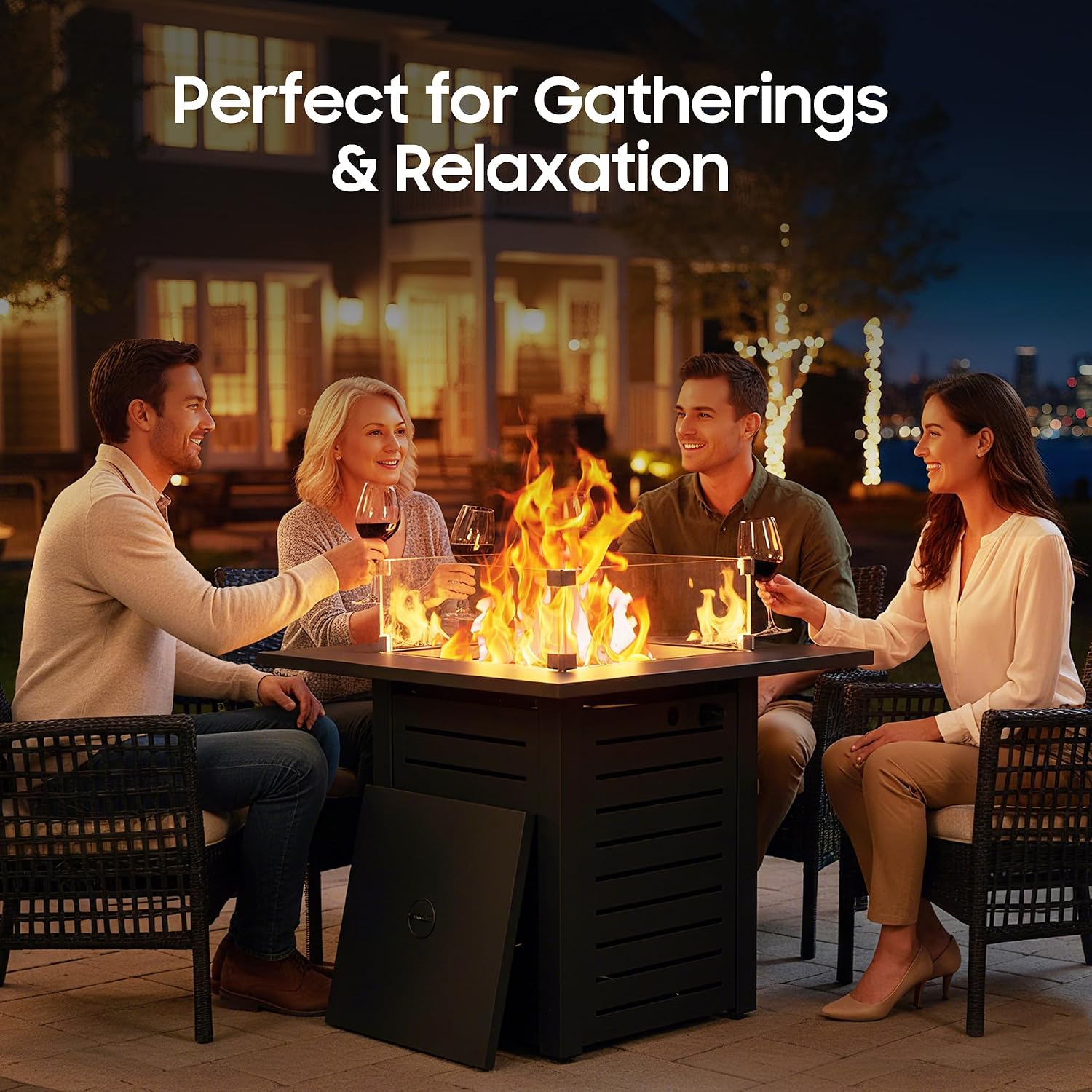 28 Inch Outdoor Propane Fire Pit,50,000 BTU Gas Fire Pit Table with Steel Lid,304 Stainless Steel H-Burner,Wind Guard,Fire Pits for Patio Deck,Black