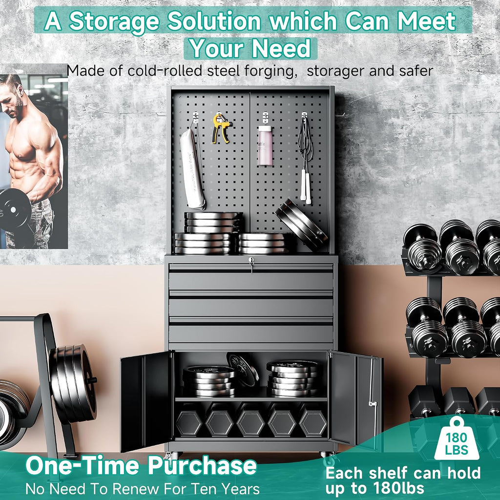 SISESOL Metal Storage Cabinet with Wheels and Drawers,Rolling Garage Storage Cabinet with Lock,Black Metal Tool Cabinet with Hooks,Tall Tool Cabinet on Wheels for Garage,Home,Office,Shop