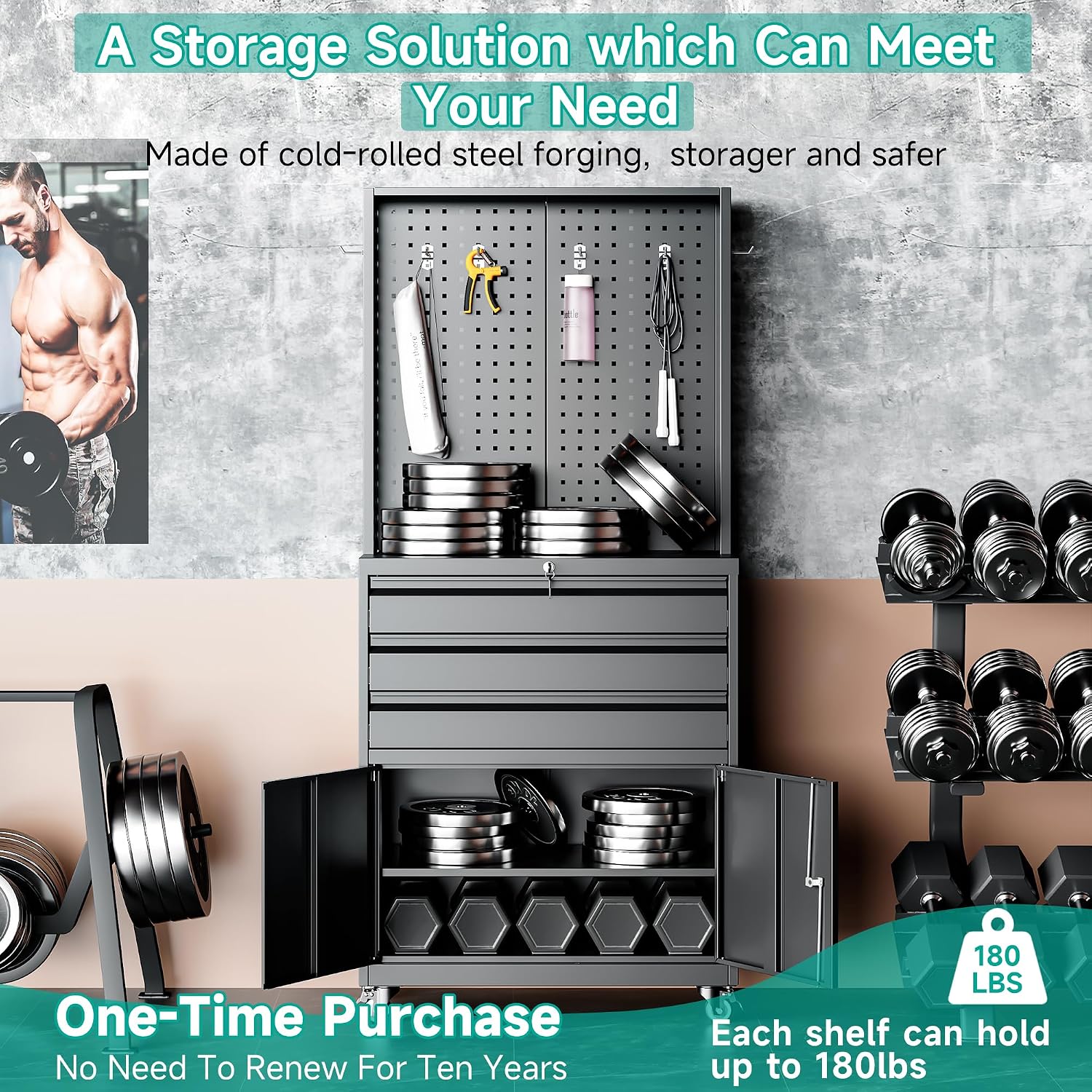 SISESOL Metal Storage Cabinet with Wheels and Drawers,Rolling Garage Storage Cabinet with Lock,Black Metal Tool Cabinet with Hooks,Tall Tool Cabinet on Wheels for Garage,Home,Office,Shop