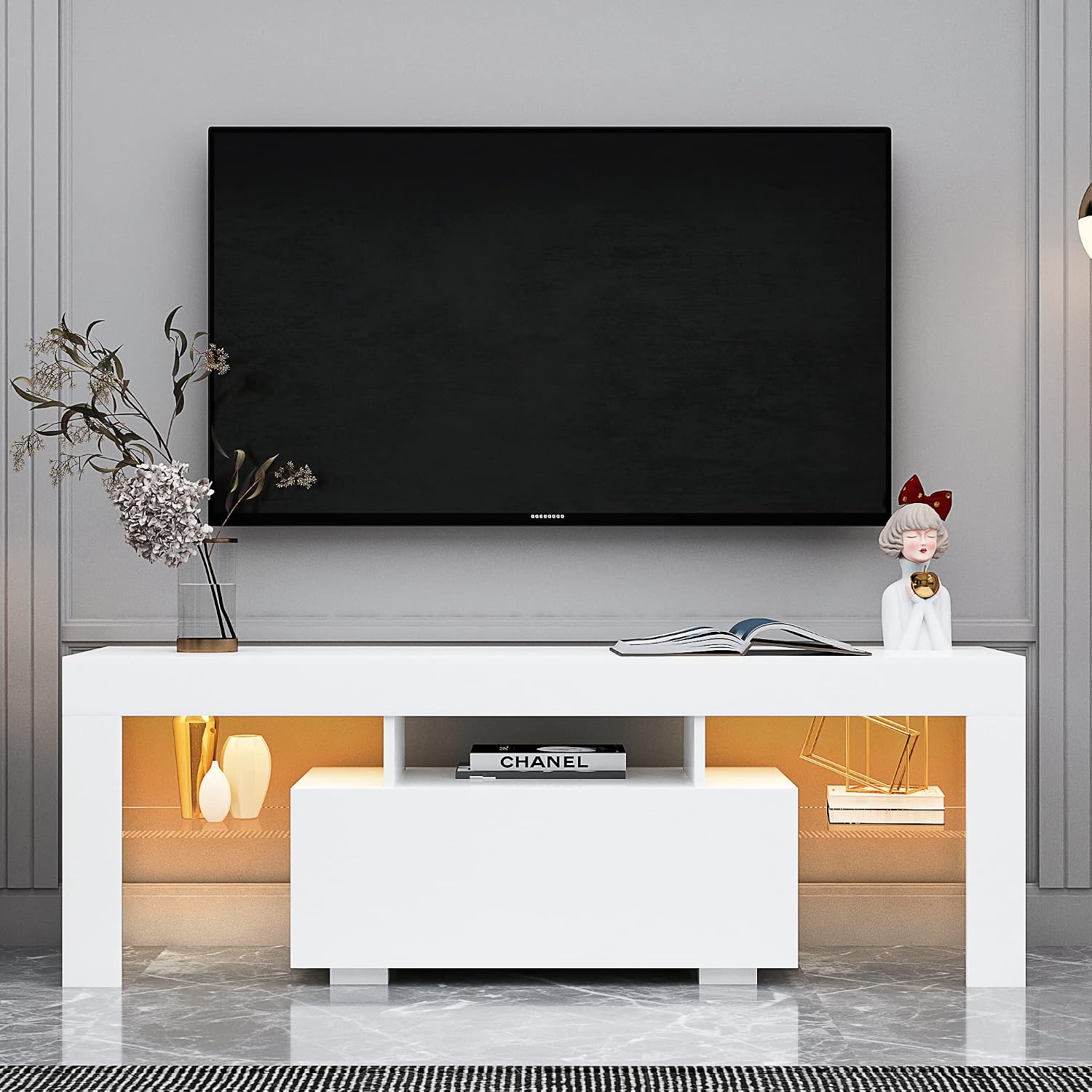 HOUAGI LED TV Stand for 32-55 Inch TV,Modern High Gloss Entertainment Center w/Storage Drawer and Color Changing Lights Video Gaming,Movies,Home Decor White-2