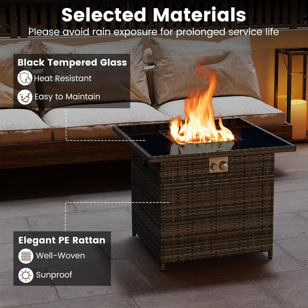 Tangkula 32.5 Inch Propane Fire Pit Table, Outdoor Rattan Gas Firepit with Tempered Glass Tabletop & Stainless Steel Burner, Square Fire Pit with Lava Rocks & Protective Cover for Outside Patio