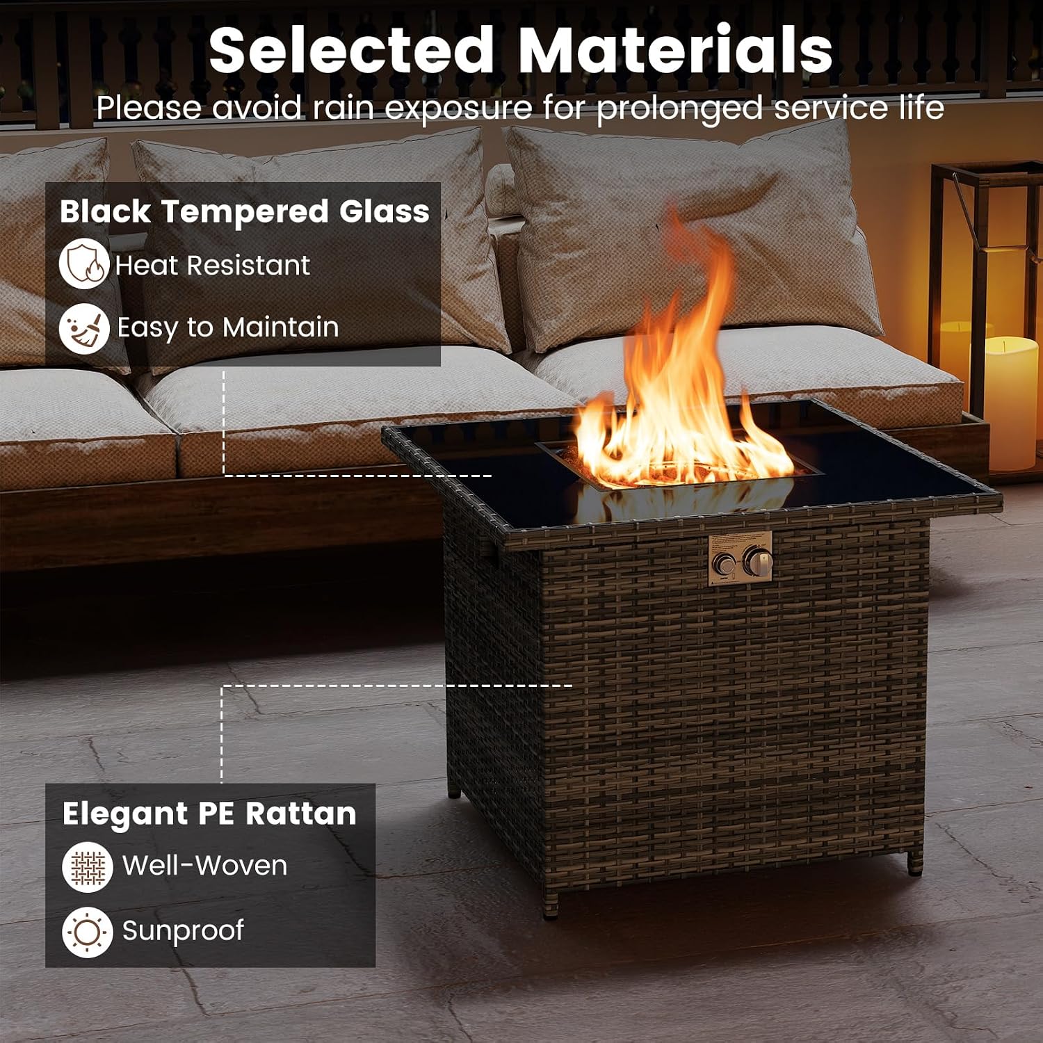 Tangkula 32.5 Inch Propane Fire Pit Table, Outdoor Rattan Gas Firepit with Tempered Glass Tabletop & Stainless Steel Burner, Square Fire Pit with Lava Rocks & Protective Cover for Outside Patio