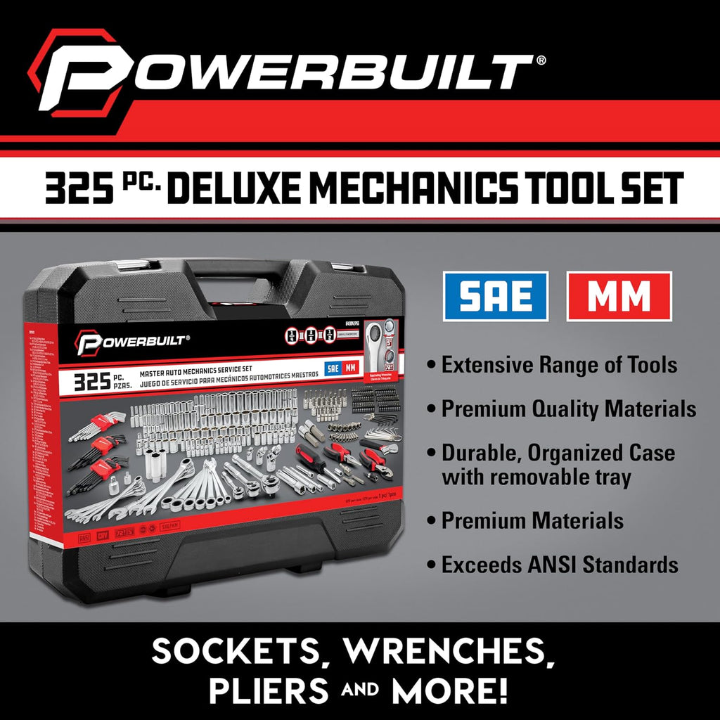Powerbuilt 325 Piece Deluxe Mechanics Tool Set with Ratcheting Wrenches, Sockets, Hand Tools - 643042ECE