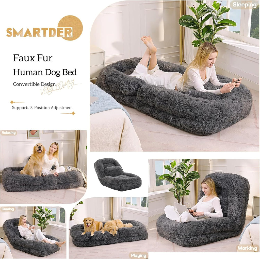 Adjustable Plush Human Dog Bed Lounger for Adult, 5-Position Foldable Lazy Lounge Sofa, Large Size Bean Bag Chair with Pillow, Folding Floor Chair for Living Room, Bedroom, Gaming Room, Dark Gray