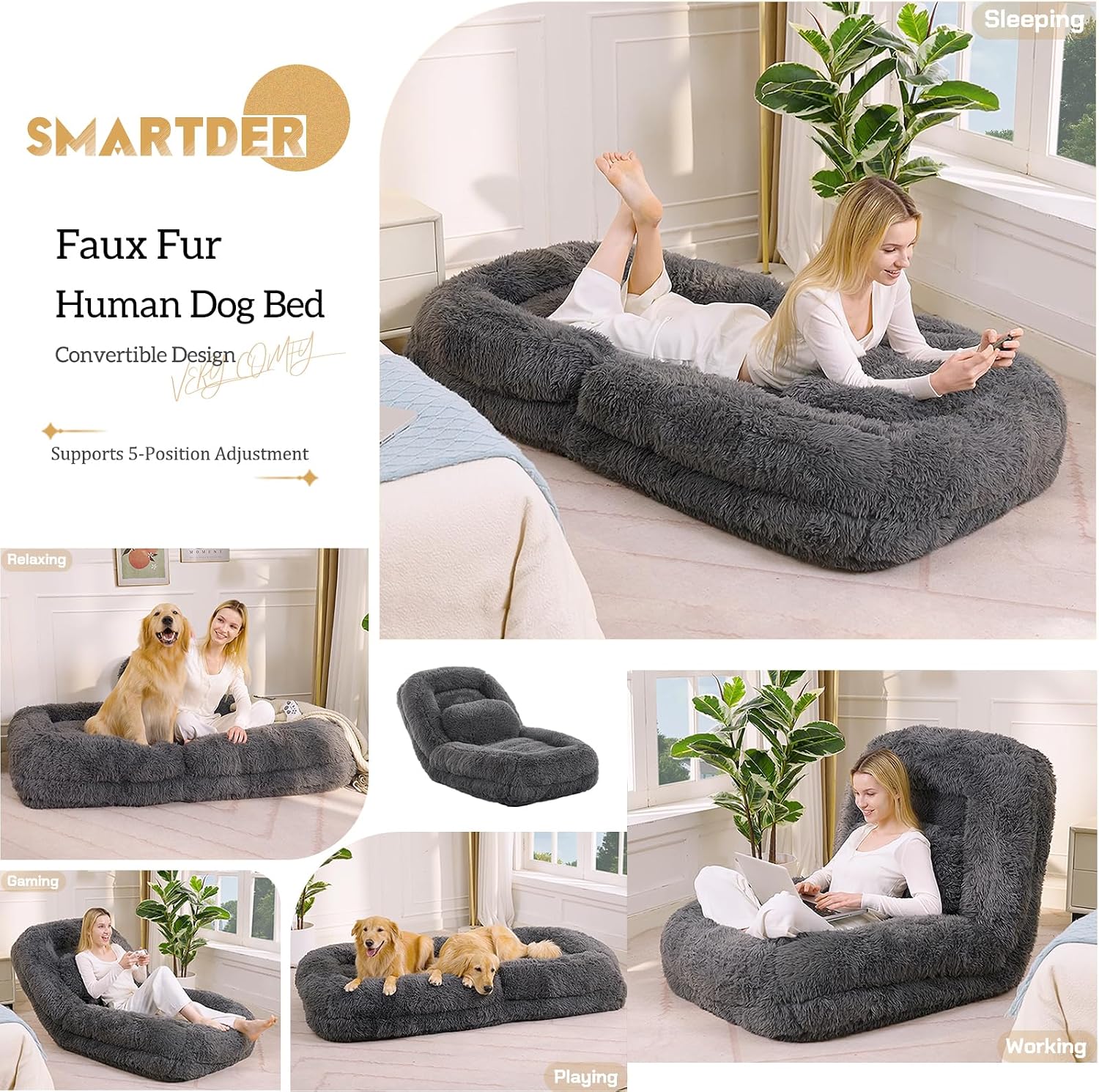 Adjustable Plush Human Dog Bed Lounger for Adult, 5-Position Foldable Lazy Lounge Sofa, Large Size Bean Bag Chair with Pillow, Folding Floor Chair for Living Room, Bedroom, Gaming Room, Dark Gray