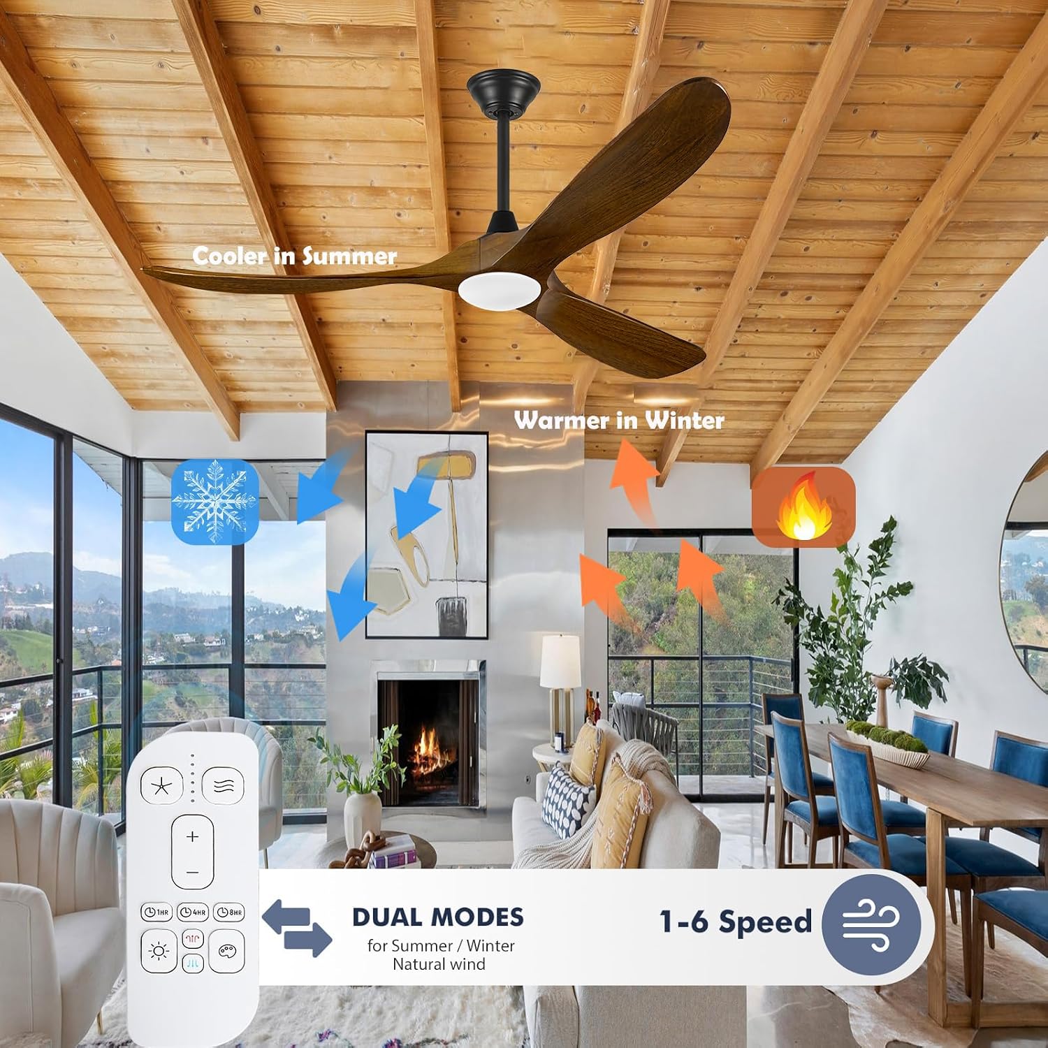 52 Inch Wood Ceiling Fans with Light Remote Control, 3 Blades Wooden Propeller Ceiling Fan, Rustic Farmhouse Style Brown, Reversible Quiet Dc Motor for Indoor Outdoor, 3CCT Dimmable