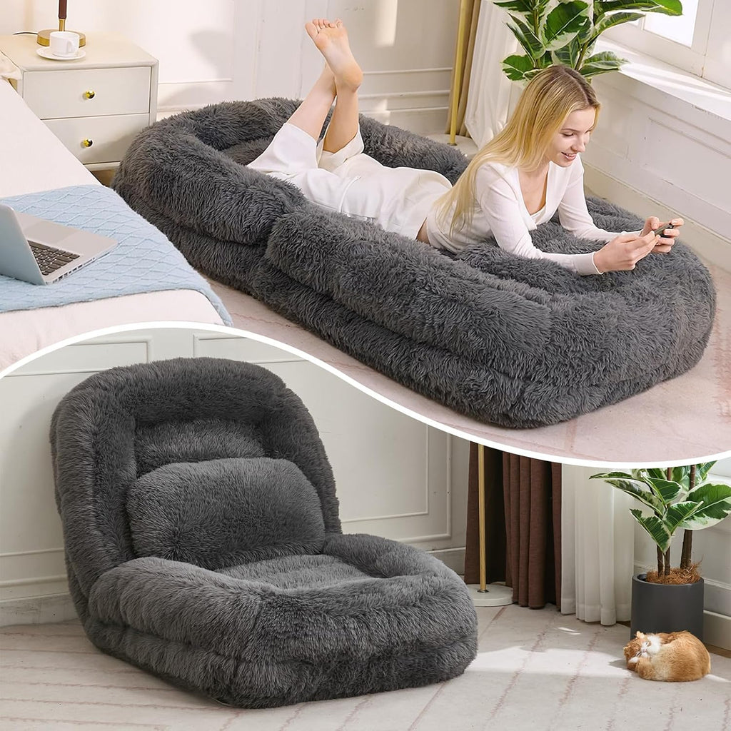 Adjustable Plush Human Dog Bed Lounger for Adult, 5-Position Foldable Lazy Lounge Sofa, Large Size Bean Bag Chair with Pillow, Folding Floor Chair for Living Room, Bedroom, Gaming Room, Dark Gray