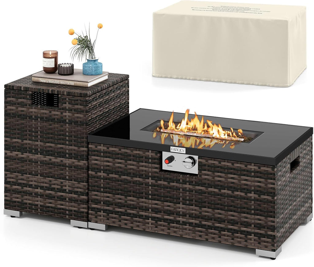 Tangkula 2 Piece Propane Fire Pit Table Set with Tank Cover, Outdoor Rattan Gas Firepit with Lid, Tempered Glass Tabletop, Protective Cover, 40,000 BTU Rectangle Fire Table Set for Outside (Mix Brown)