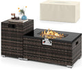 Tangkula 2 Piece Propane Fire Pit Table Set with Tank Cover, Outdoor Rattan Gas Firepit with Lid, Tempered Glass Tabletop, Protective Cover, 40,000 BTU Rectangle Fire Table Set for Outside (Mix Brown)