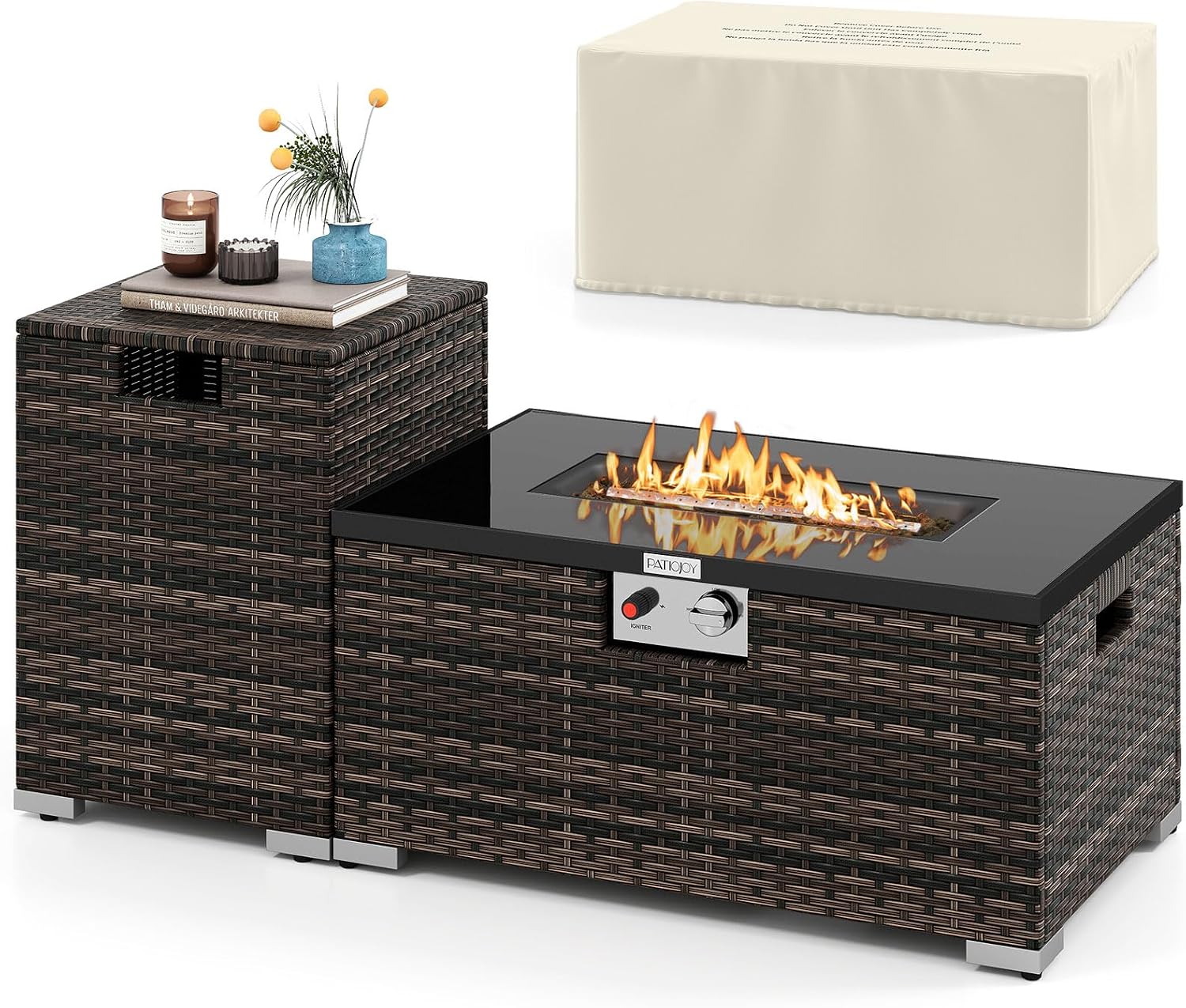 Tangkula 2 Piece Propane Fire Pit Table Set with Tank Cover, Outdoor Rattan Gas Firepit with Lid, Tempered Glass Tabletop, Protective Cover, 40,000 BTU Rectangle Fire Table Set for Outside (Mix Brown)