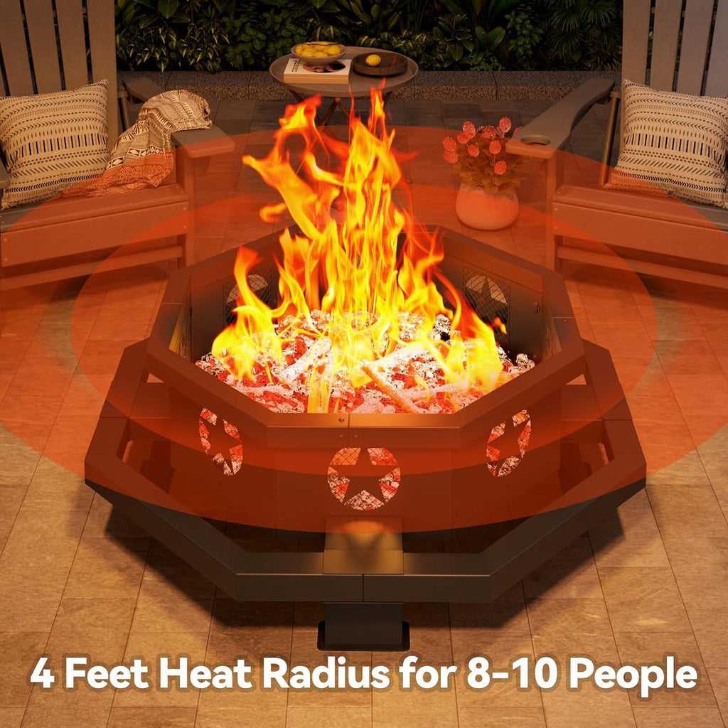 43 inch Large Fire Pit, Outdoor Fire Pit with Heavy Duty Construction, Wood Burning Fire Pits for Outside Octagonal Firepit for Camping, Backyard, Patio, Black