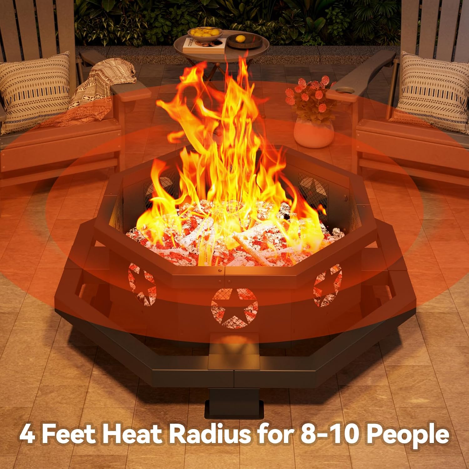 43 inch Large Fire Pit, Outdoor Fire Pit with Heavy Duty Construction, Wood Burning Fire Pits for Outside Octagonal Firepit for Camping, Backyard, Patio, Black