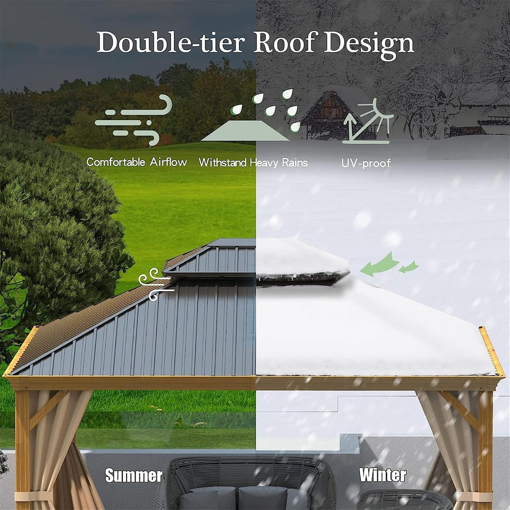 10x12Ft Hardtop Gazebo Wooden Coated Aluminum Frame Canopy Galvanized Steel Double Roof Outdoor Wood-Looking Permanent Metal Pavilion with Curtains and Netting for Patio Deck Lawn