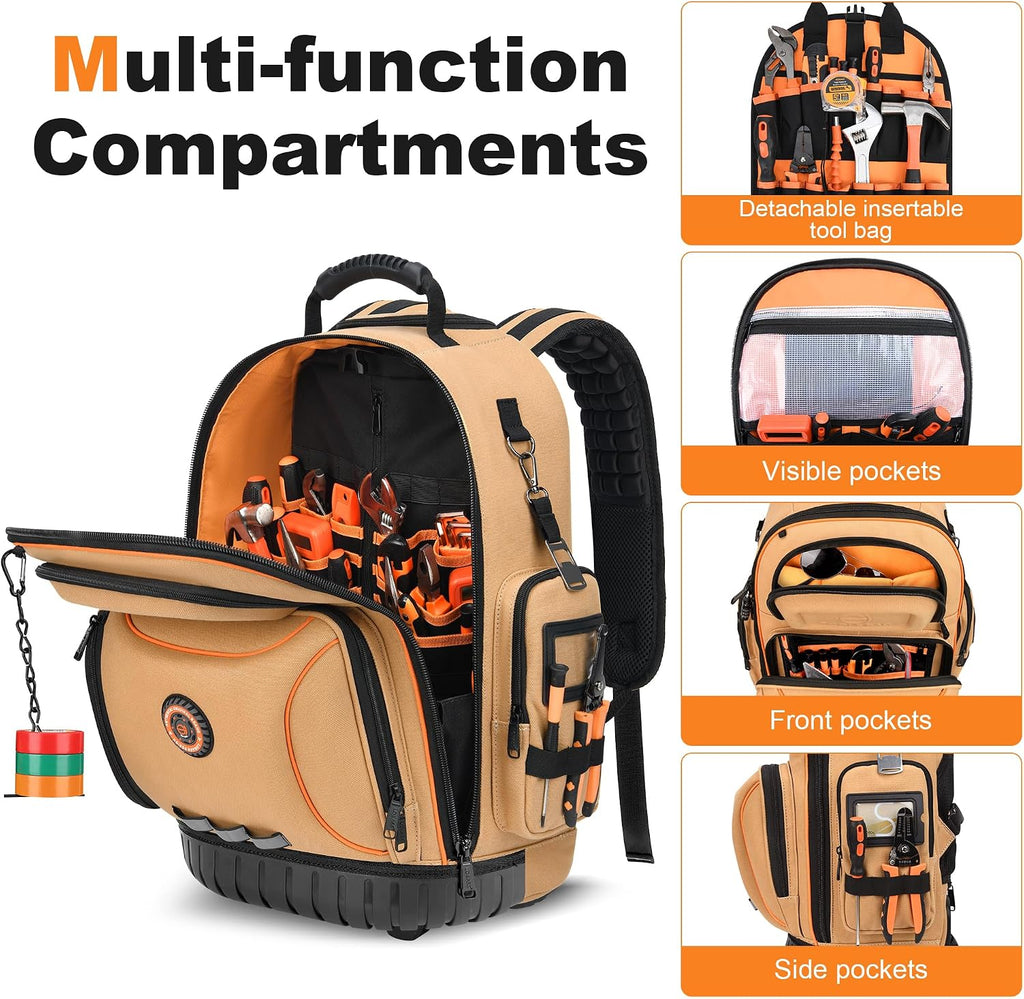 Backpack Tool Bag with Wheel, Rolling Tool Backpack for Electrician Heavy Duty Roller Tool Bag on Wheel for Construction Work, 75 Pockets & Loops Tool Backpack with Molded Base and Lock - Brown